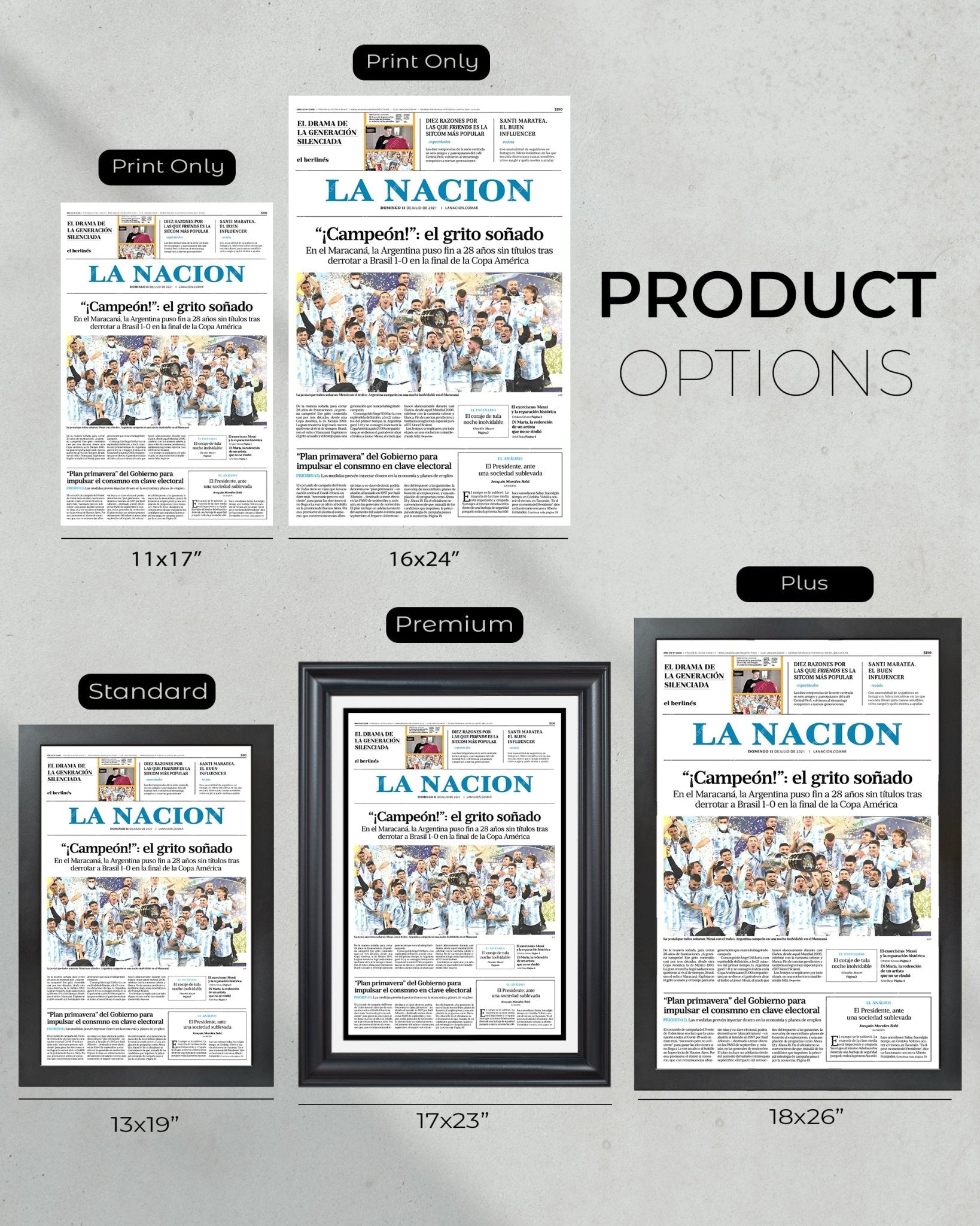 2021 Argentina Copa America Champions Framed Front Page Newspaper Print Messi - TitleGameFrames.com
