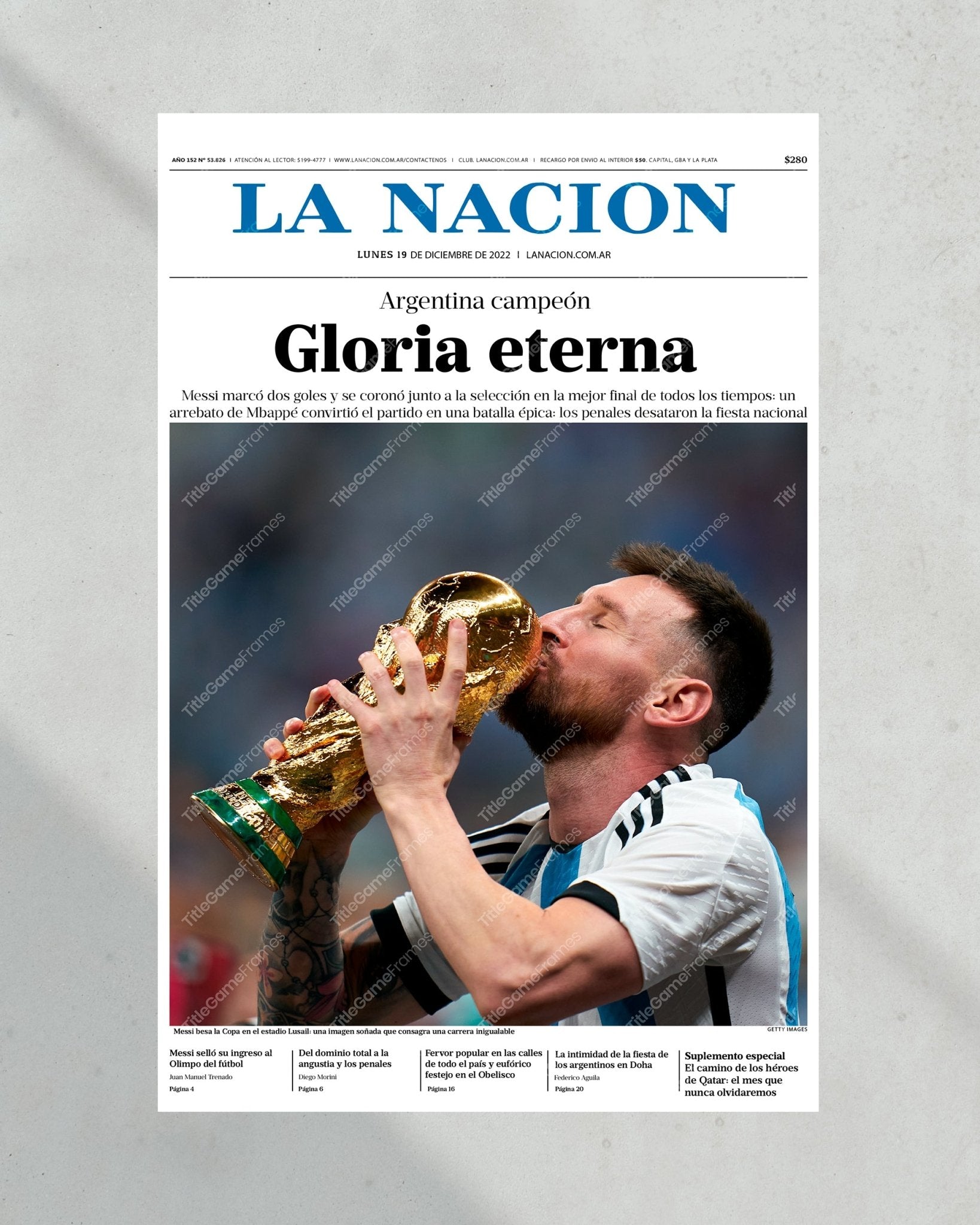 2021 Argentina Copa America Champions 'Gloria Eterna' Messi Framed Newspaper - Title Game Frames
