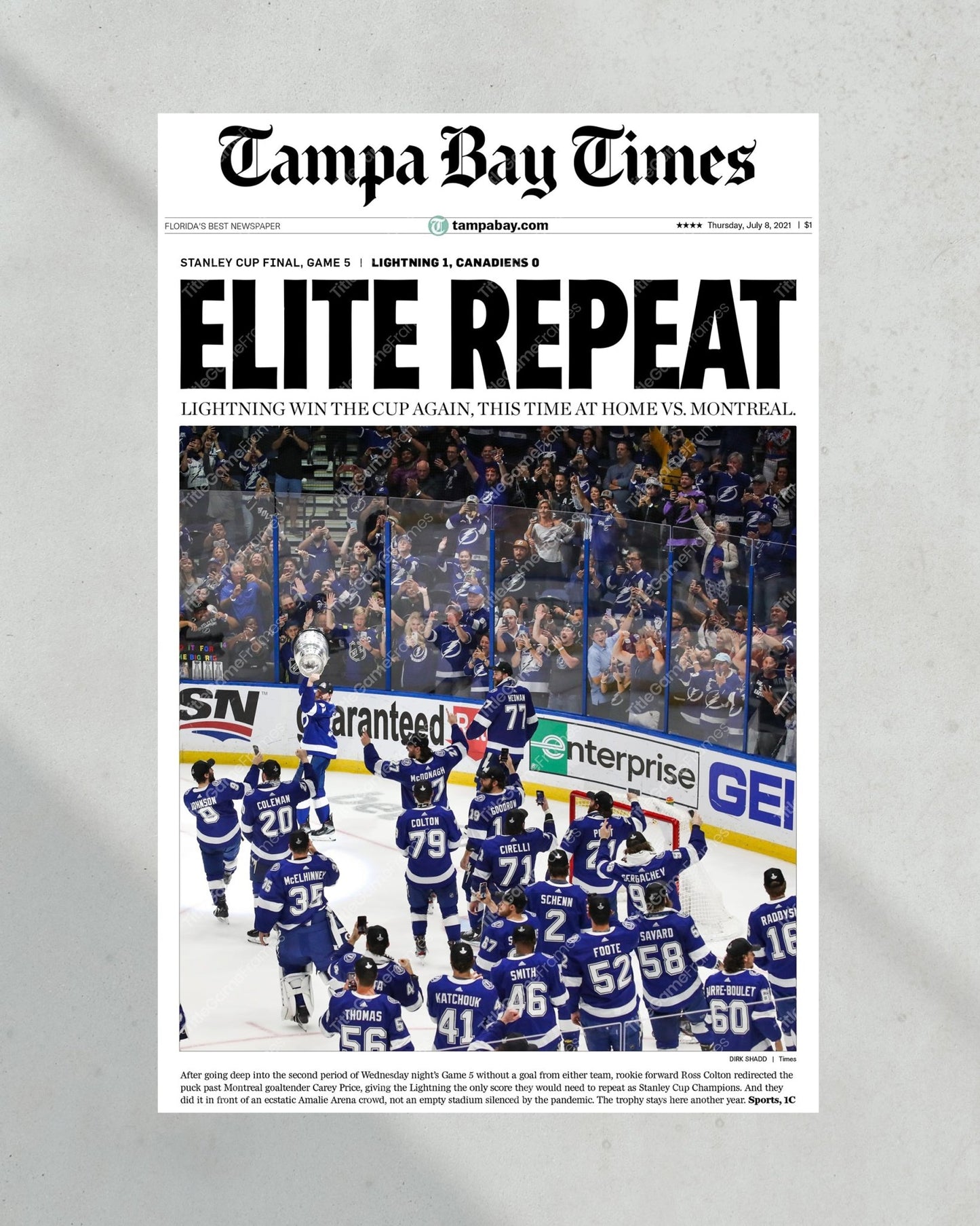 2021 “Elite Repeat” Tampa Bay Lightning Stanley Cup Champions Framed Newspaper Front Page Print - TitleGameFrames.com