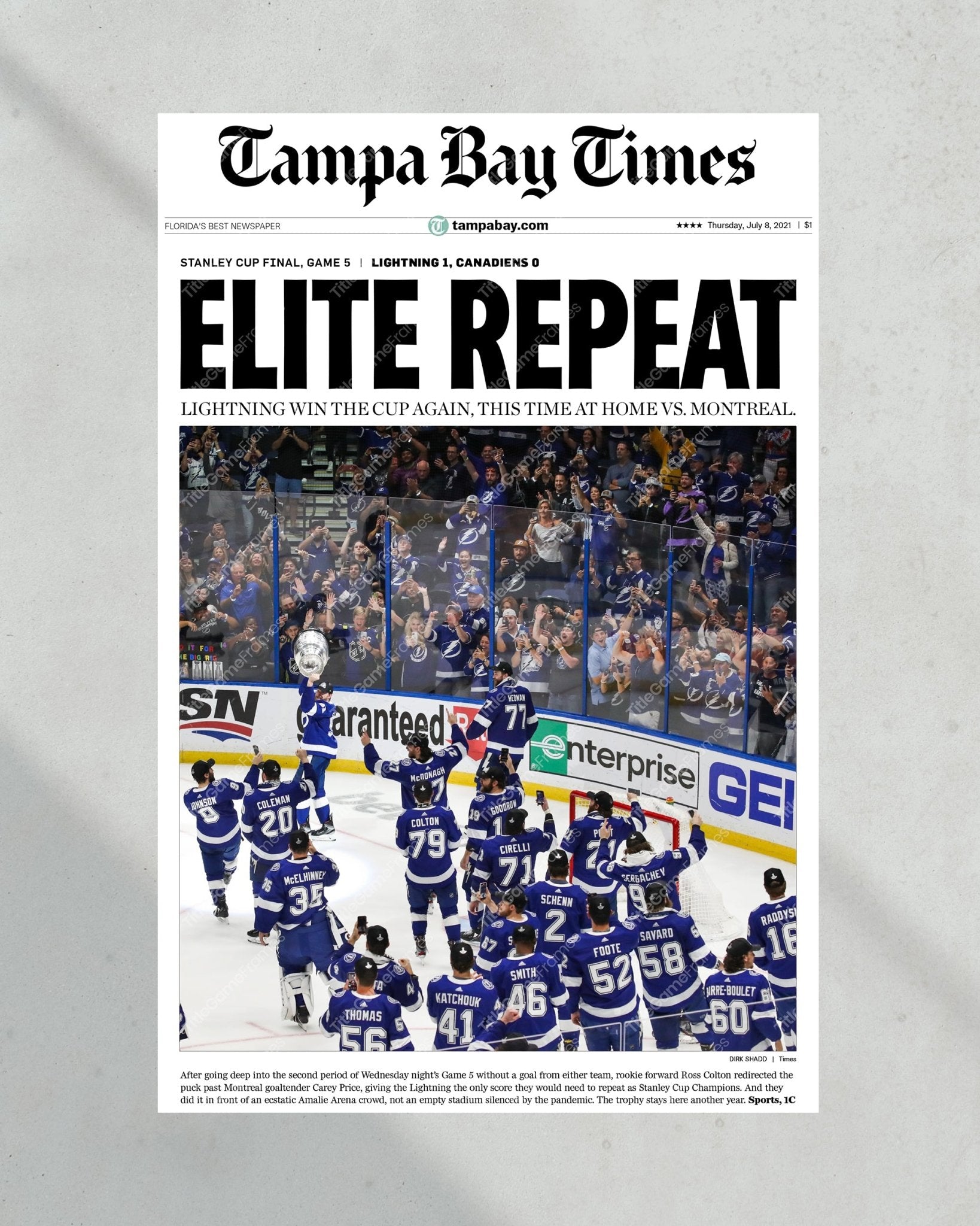 2021 “Elite Repeat” Tampa Bay Lightning Stanley Cup Champions Framed Newspaper Front Page Print - TitleGameFrames.com