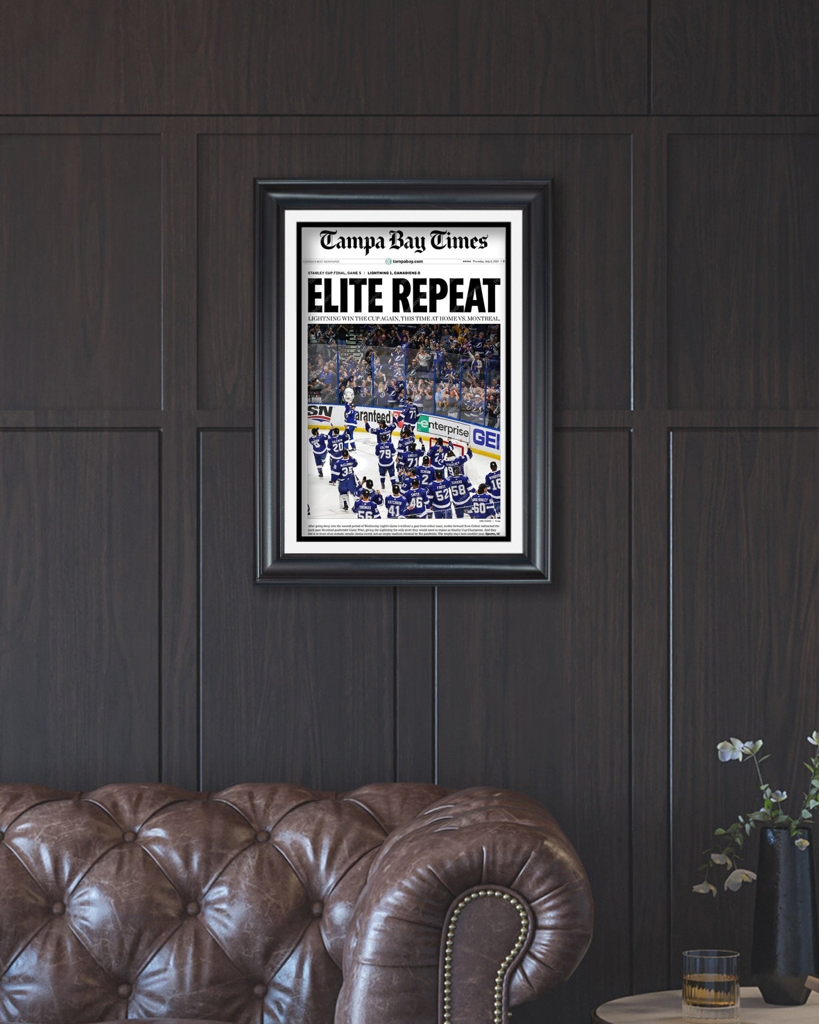 2021 “Elite Repeat” Tampa Bay Lightning Stanley Cup Champions Framed Newspaper Front Page Print - TitleGameFrames.com