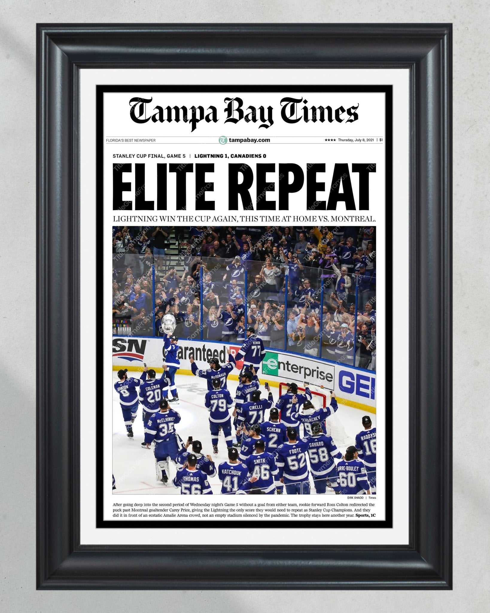 2021 “Elite Repeat” Tampa Bay Lightning Stanley Cup Champions Framed Newspaper Front Page Print - TitleGameFrames.com