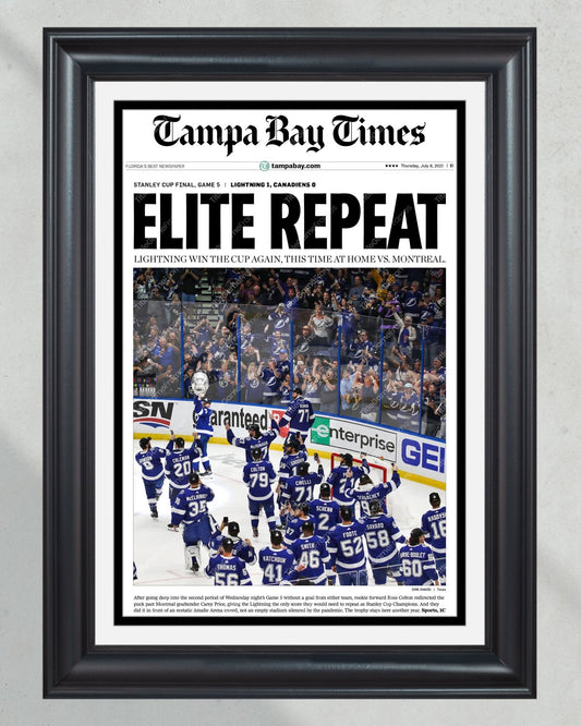 2021 “Elite Repeat” Tampa Bay Lightning Stanley Cup Champions Framed Newspaper Front Page Print - TitleGameFrames.com