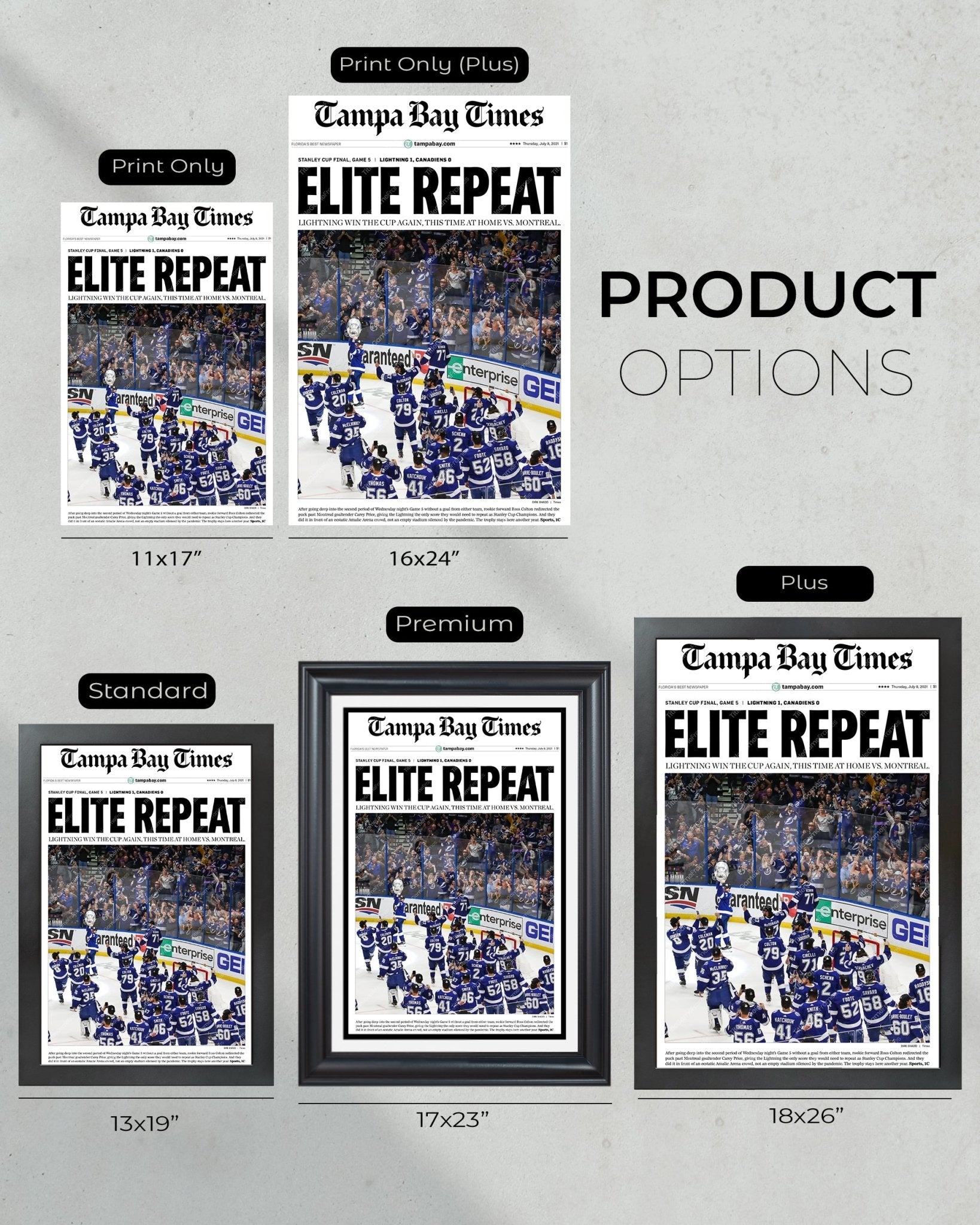2021 “Elite Repeat” Tampa Bay Lightning Stanley Cup Champions Framed Newspaper Front Page Print - TitleGameFrames.com