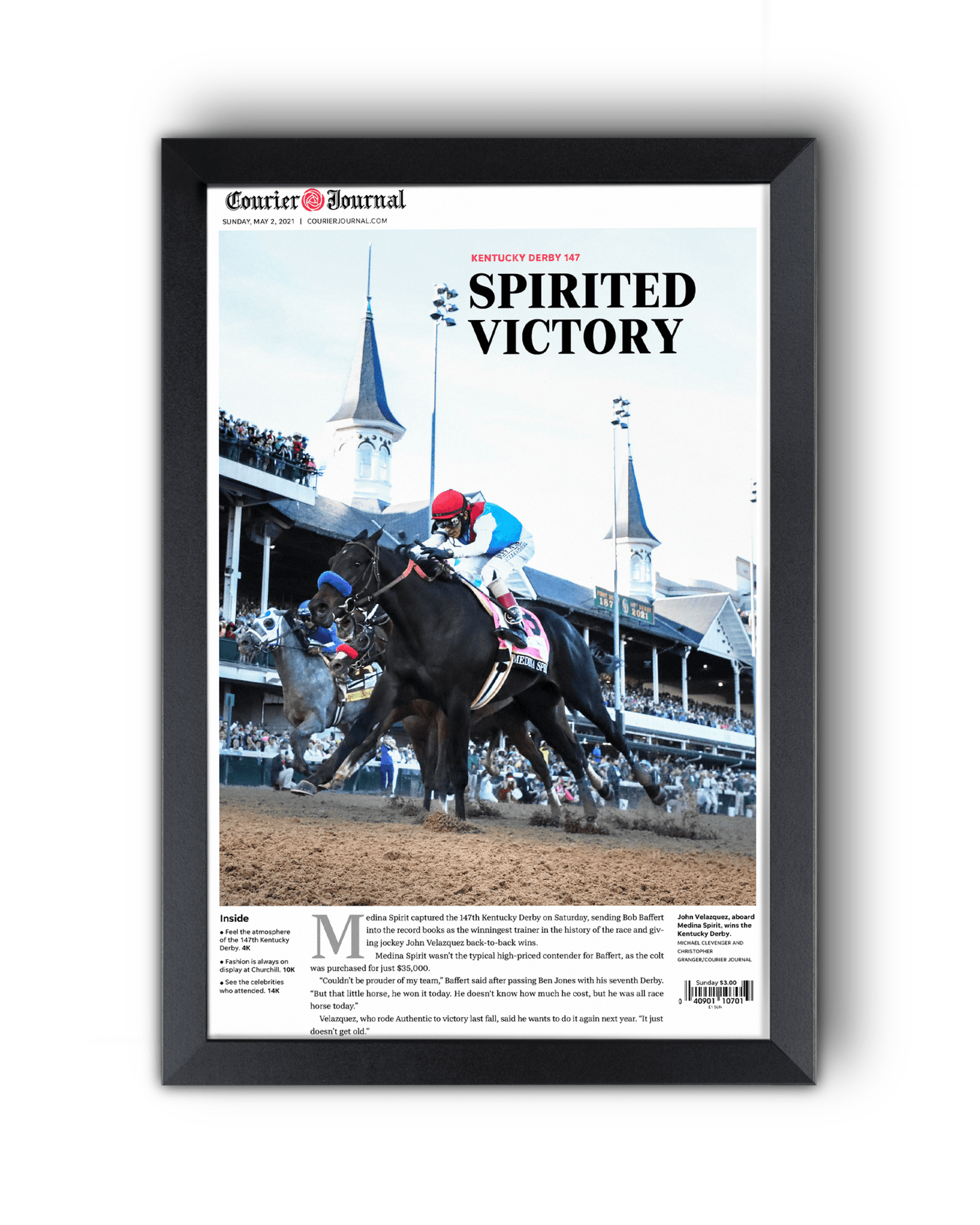2021 Kentucky Derby "SPIRITED VICTORY" Medina Spirit Disqualified Victory Framed Newspaper - TitleGameFrames.com