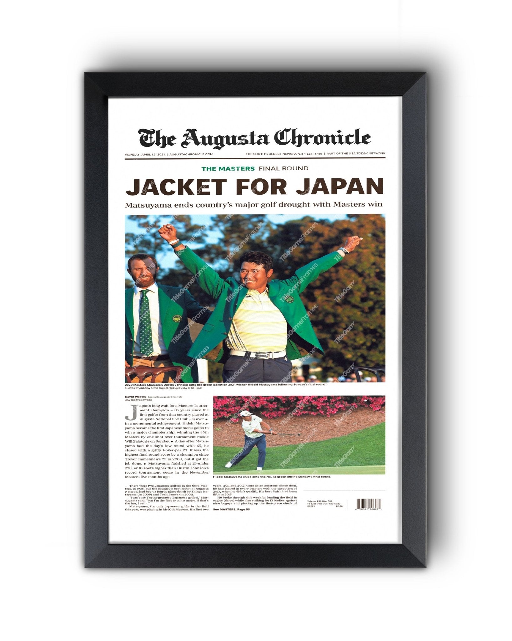 2021 Masters PGA Championship Framed Front Page Newspaper Print Hideki Matsuyama Japan - TitleGameFrames.com