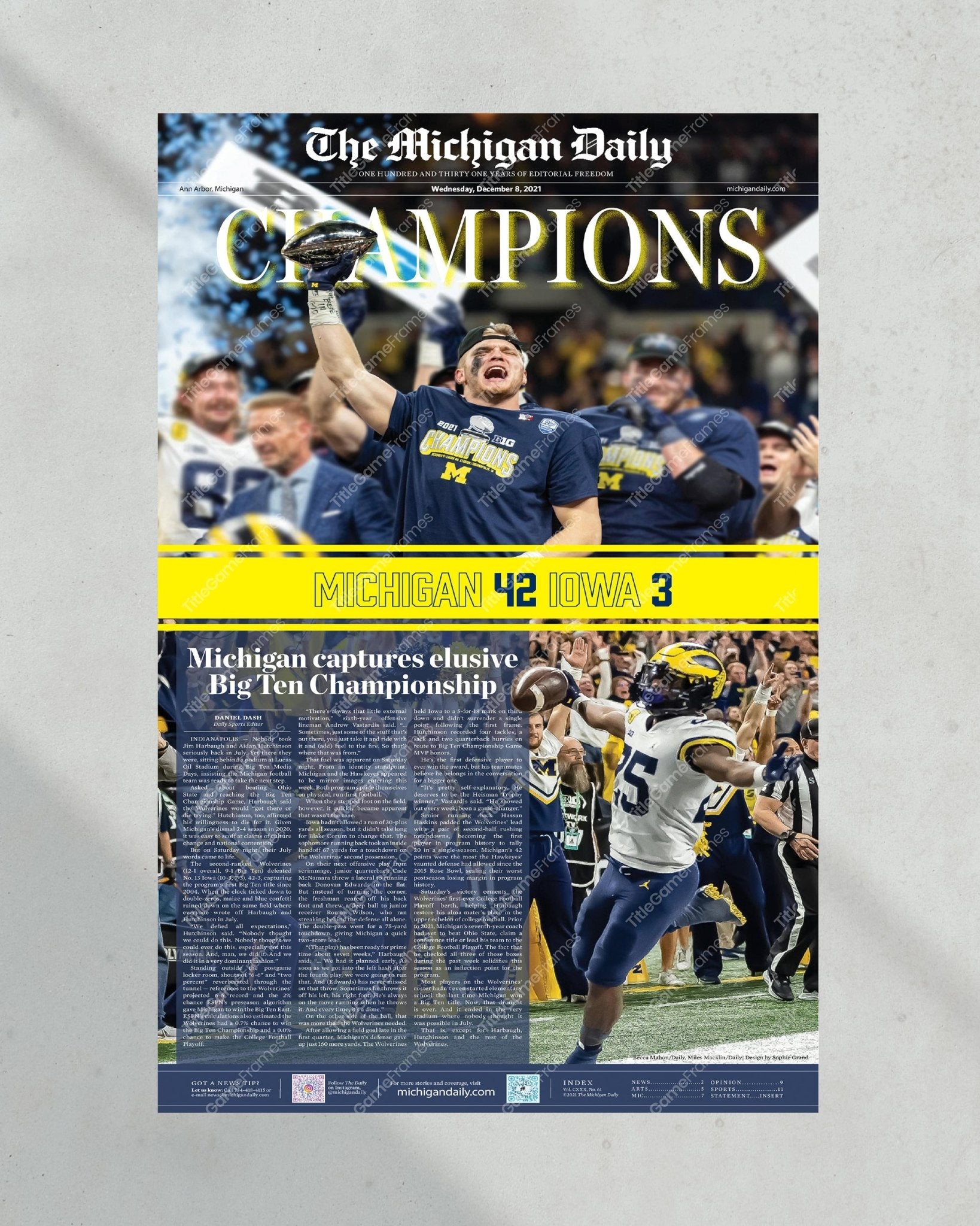 2021 Michigan Wolverines Big Ten Championship: 'CHAMPIONS' - Framed Print - TitleGameFrames.com