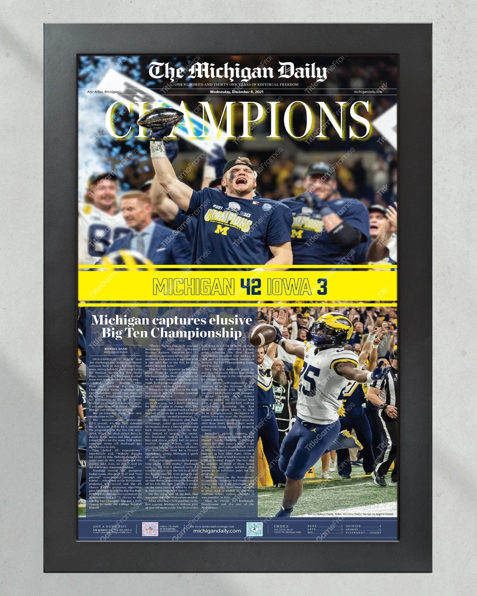 2021 Michigan Wolverines Big Ten Championship: 'CHAMPIONS' - Framed Print - TitleGameFrames.com