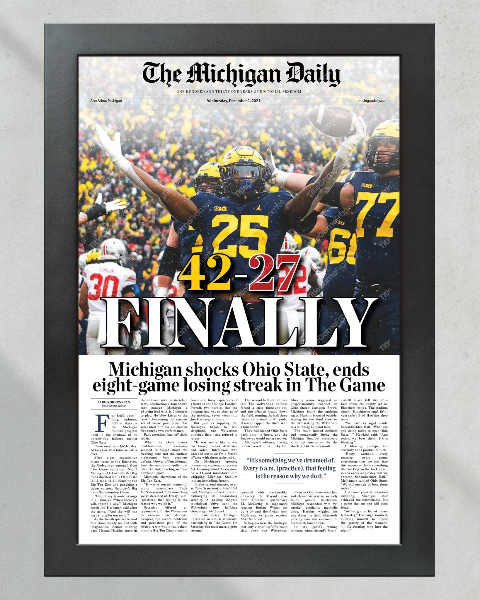 2021 Michigan Wolverines Defeat Ohio State: 42 - 27 'FINALLY' - Framed Print - TitleGameFrames.com
