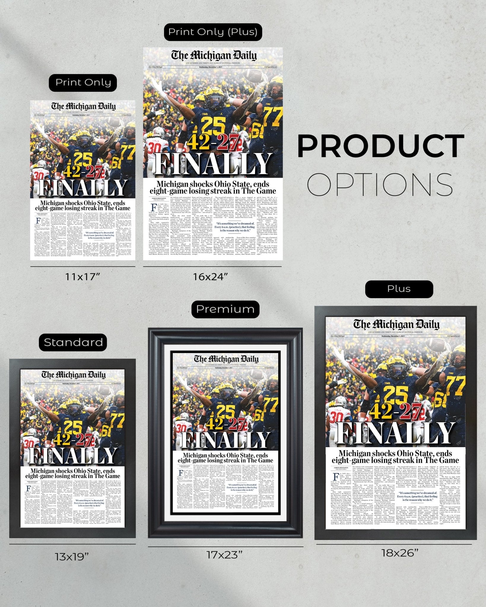 2021 Michigan Wolverines Defeat Ohio State: 42 - 27 'FINALLY' - Framed Print - TitleGameFrames.com