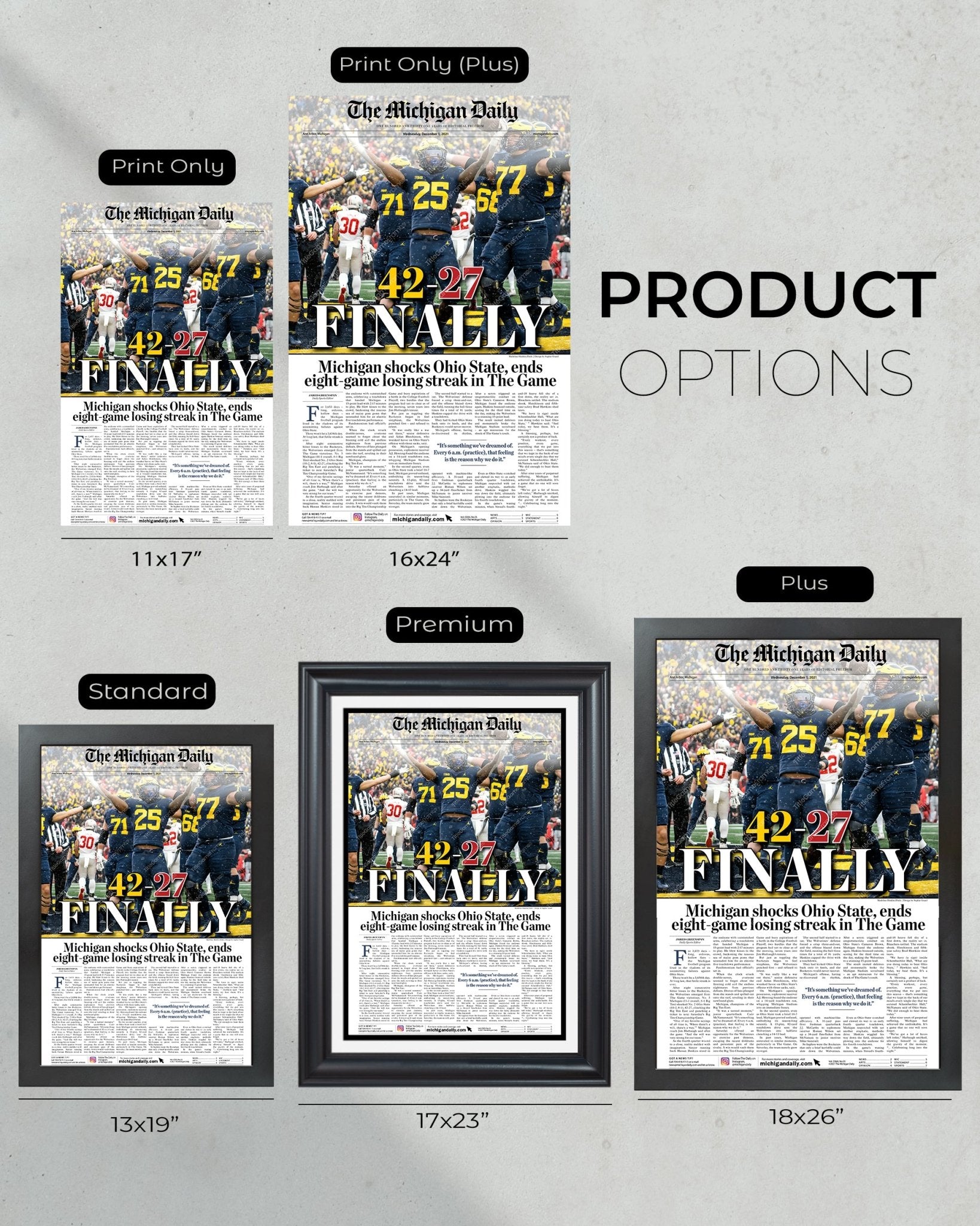 2021 Michigan Wolverines Defeat Ohio State: 42-27 'FINALLY' - Framed Print - Title Game Frames