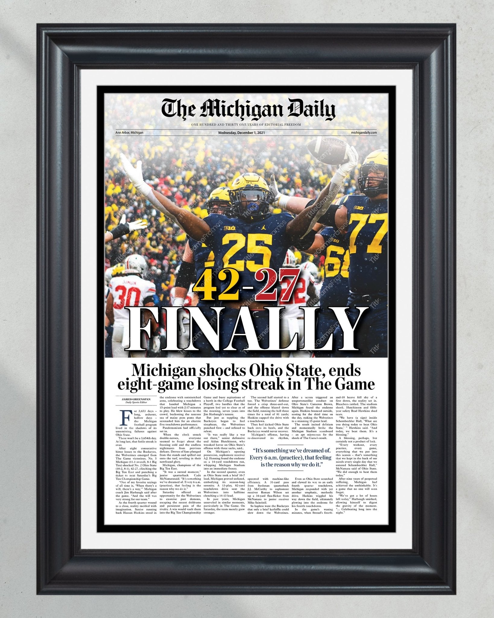 2021 Michigan Wolverines Defeat Ohio State: 42 - 27 'FINALLY' - Framed Print - TitleGameFrames.com