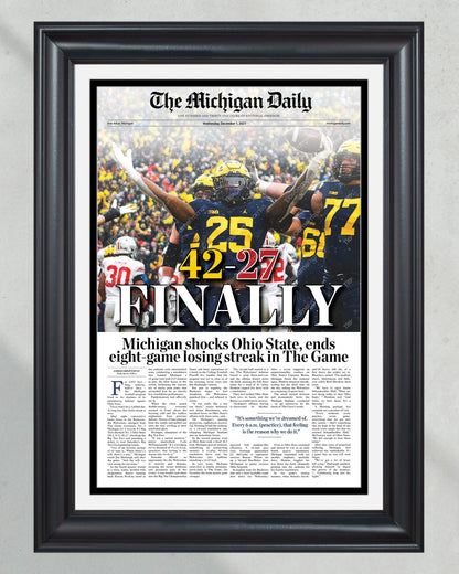 2021 Michigan Wolverines Defeat Ohio State: 42 - 27 'FINALLY' - Framed Print - TitleGameFrames.com