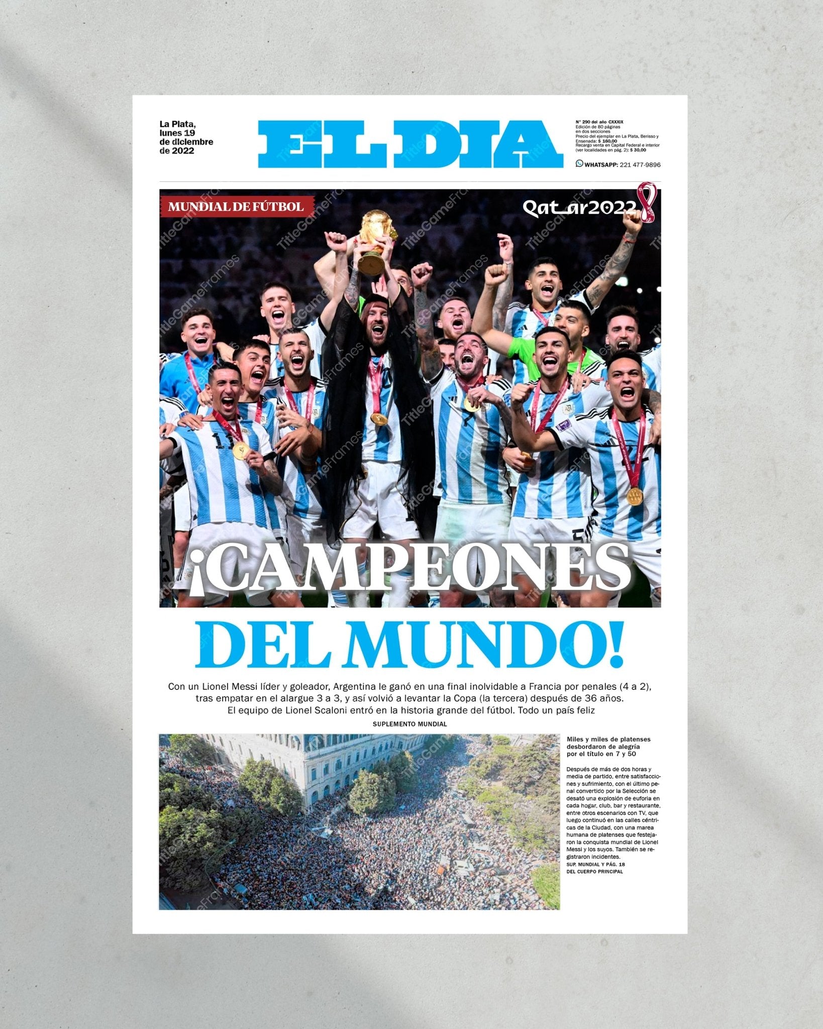 2022 Argentina's World Cup Champions ¡CAMPEONES DEL MUNDO! Framed Newspaper - TitleGameFrames.com