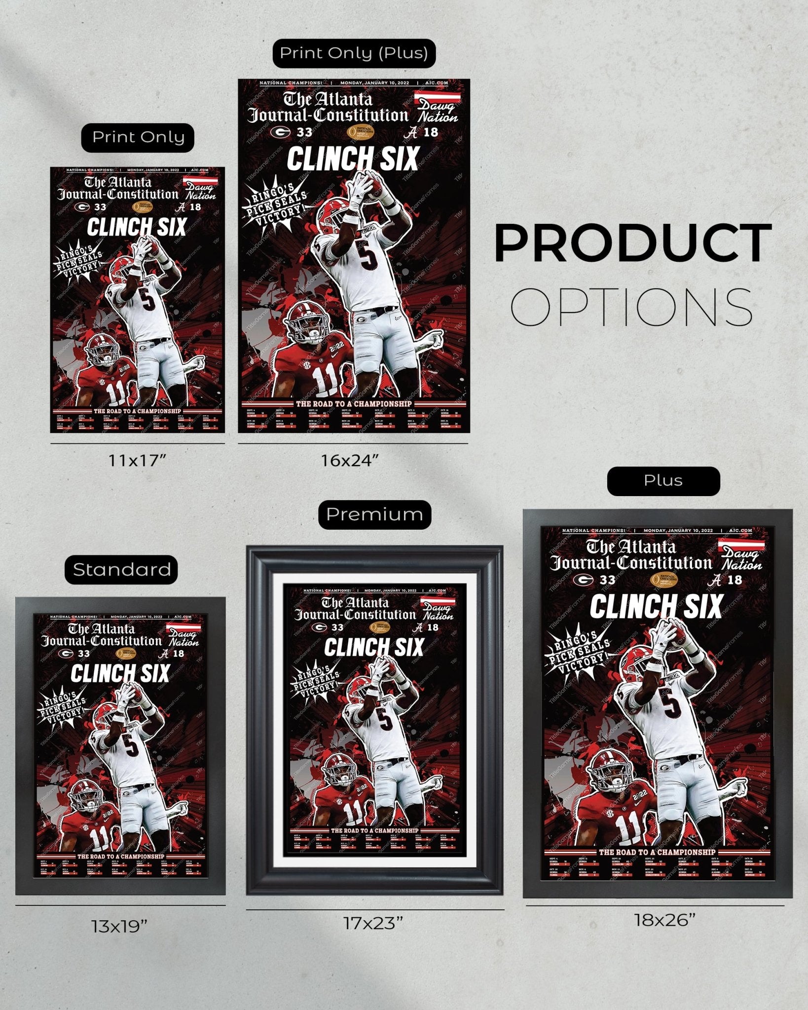 2022 Georgia Bulldogs 'Clinch Six' College Football National Champions Framed Front Page Newspaper Print - TitleGameFrames.com