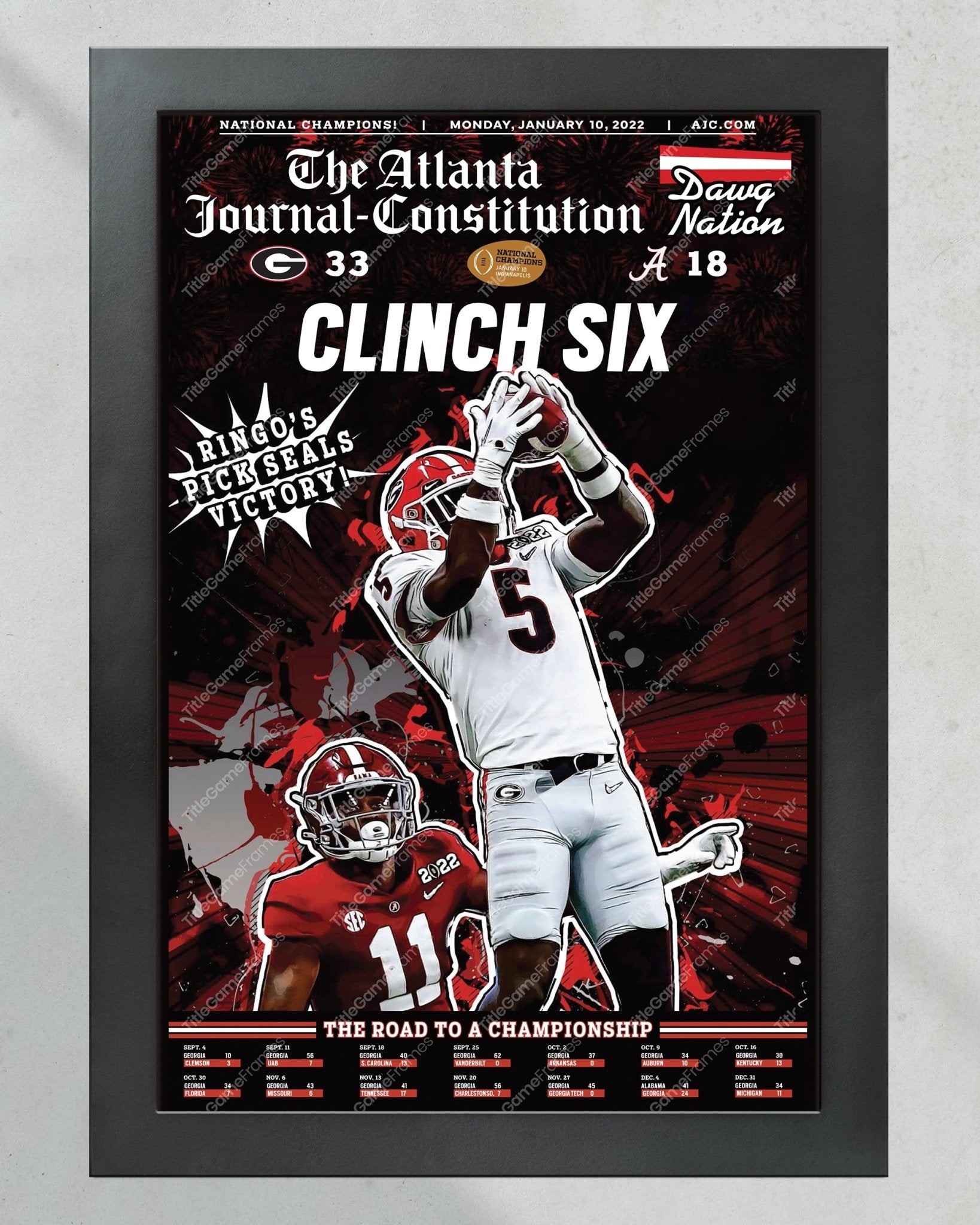 2022 Georgia Bulldogs 'Clinch Six' College Football National Champions Framed Front Page Newspaper Print - TitleGameFrames.com