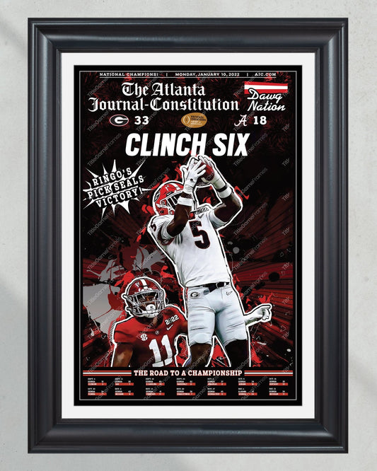 2022 Georgia Bulldogs 'Clinch Six' College Football National Champions Framed Front Page Newspaper Print - TitleGameFrames.com