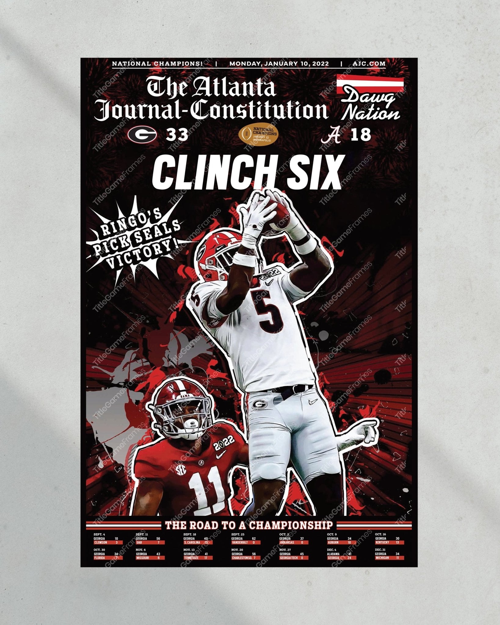 2022 Georgia Bulldogs 'Clinch Six' College Football National Champions Framed Front Page Newspaper Print - TitleGameFrames.com
