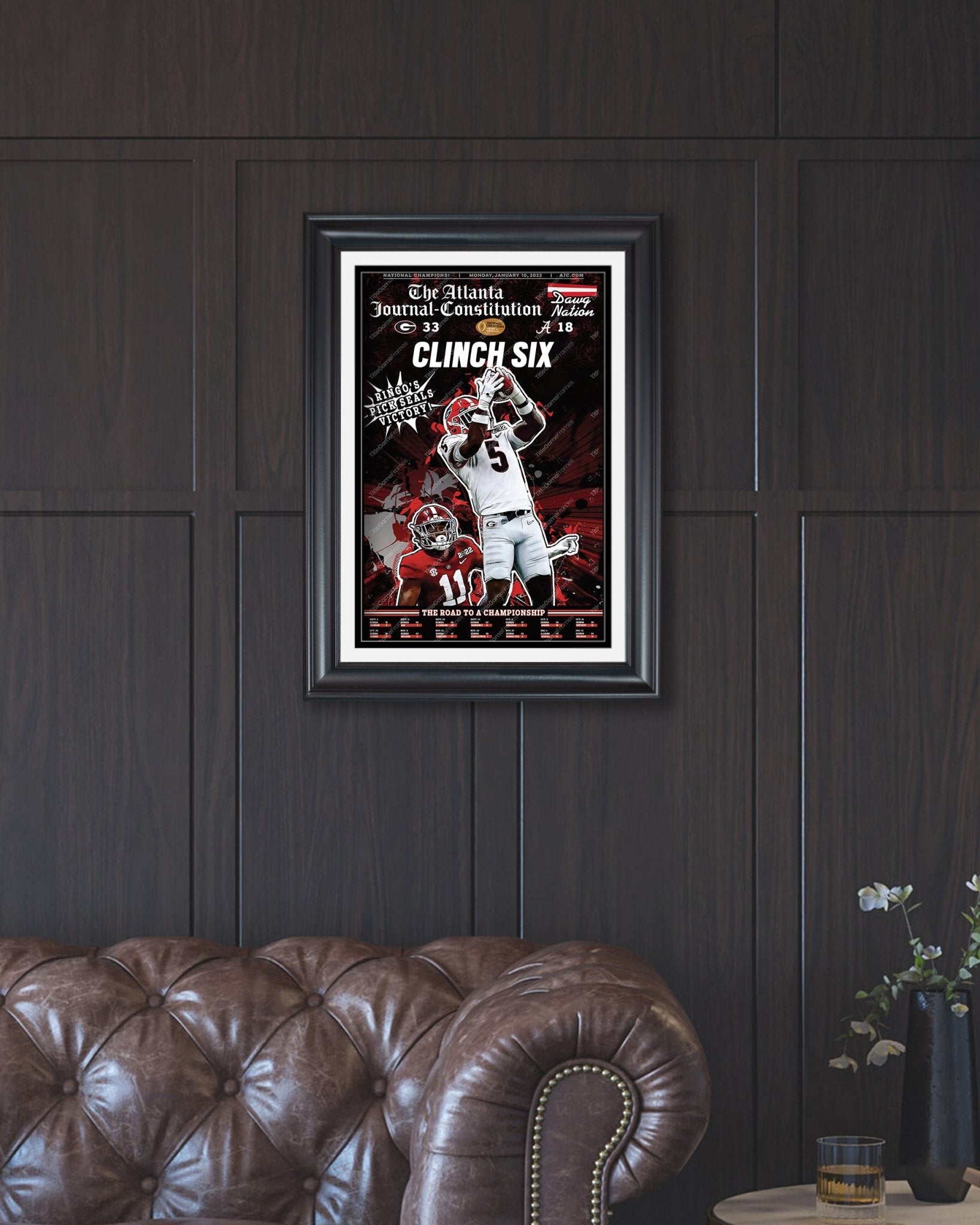 2022 Georgia Bulldogs 'Clinch Six' College Football National Champions Framed Front Page Newspaper Print - TitleGameFrames.com