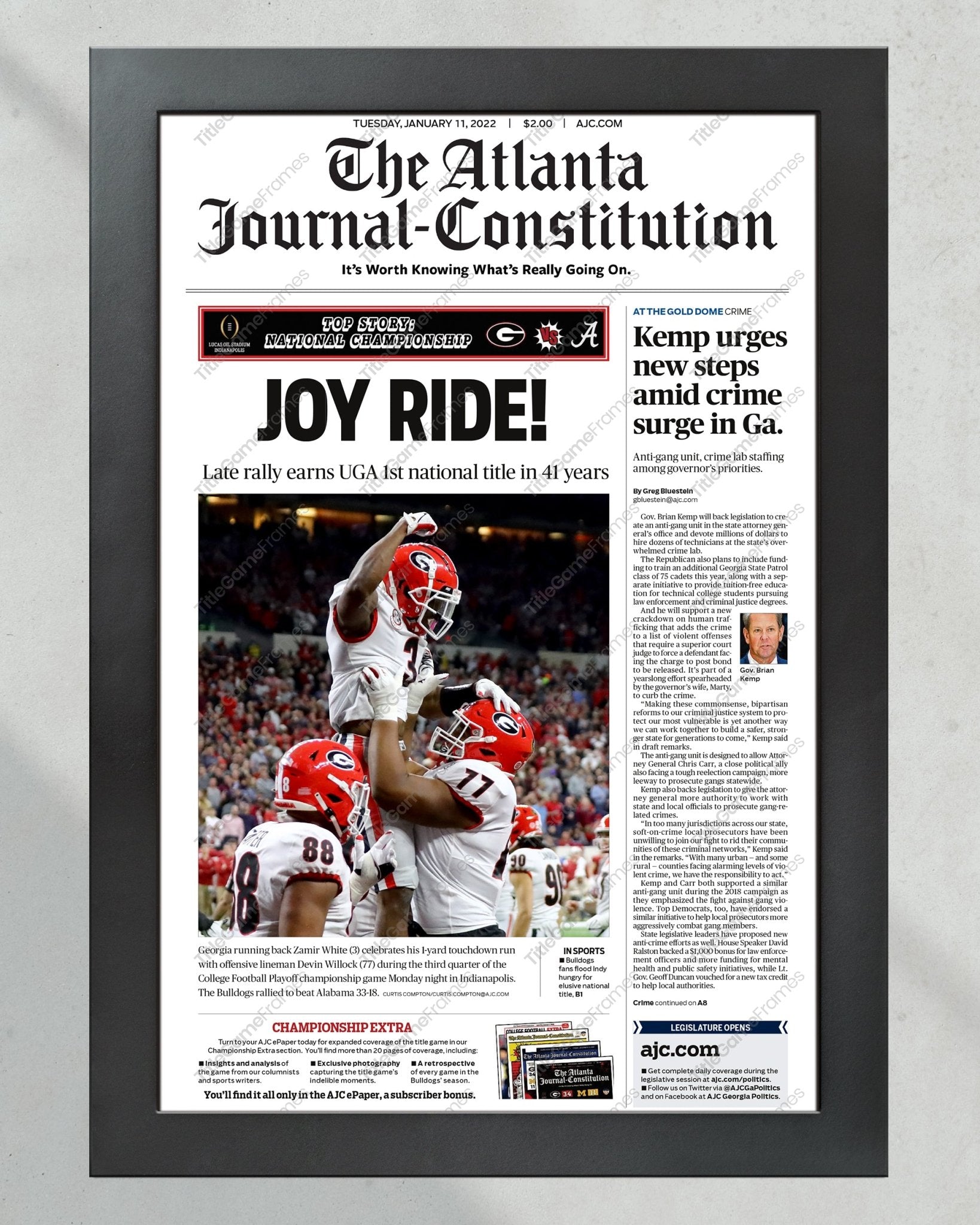 2022 Georgia Bulldogs 'Joy Ride' National Championship Framed Front Page Newspaper Print UGA - TitleGameFrames.com