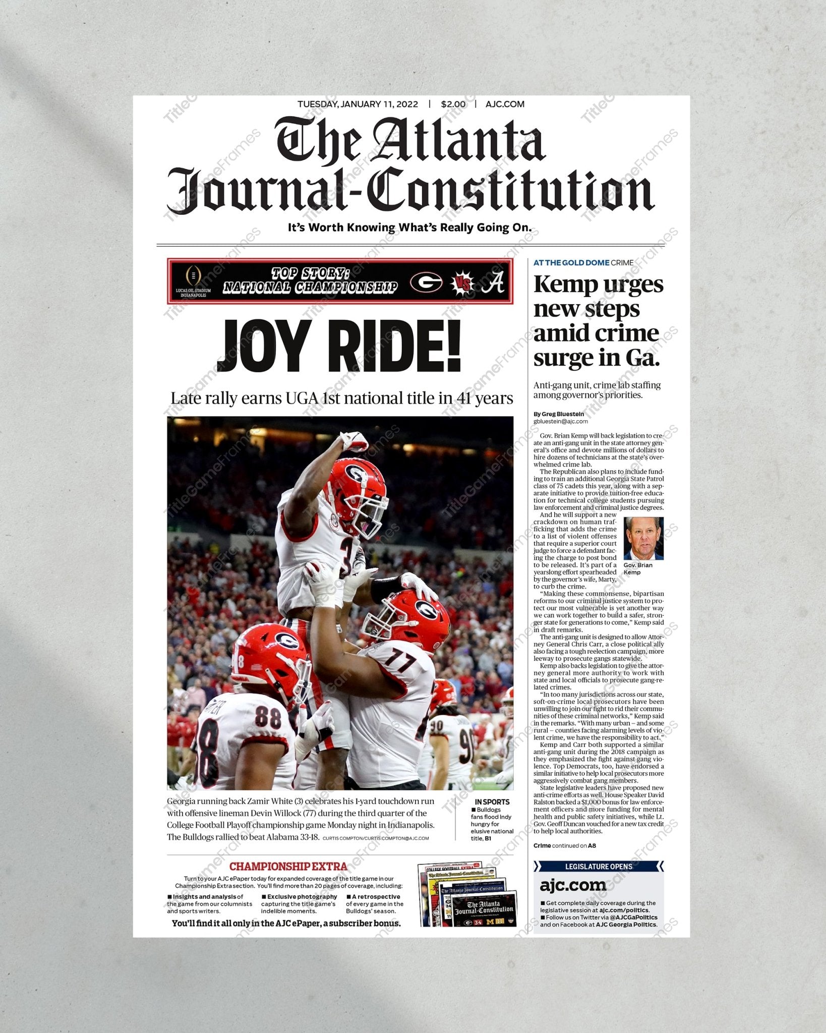 2022 Georgia Bulldogs 'Joy Ride' National Championship Framed Front Page Newspaper Print UGA - TitleGameFrames.com