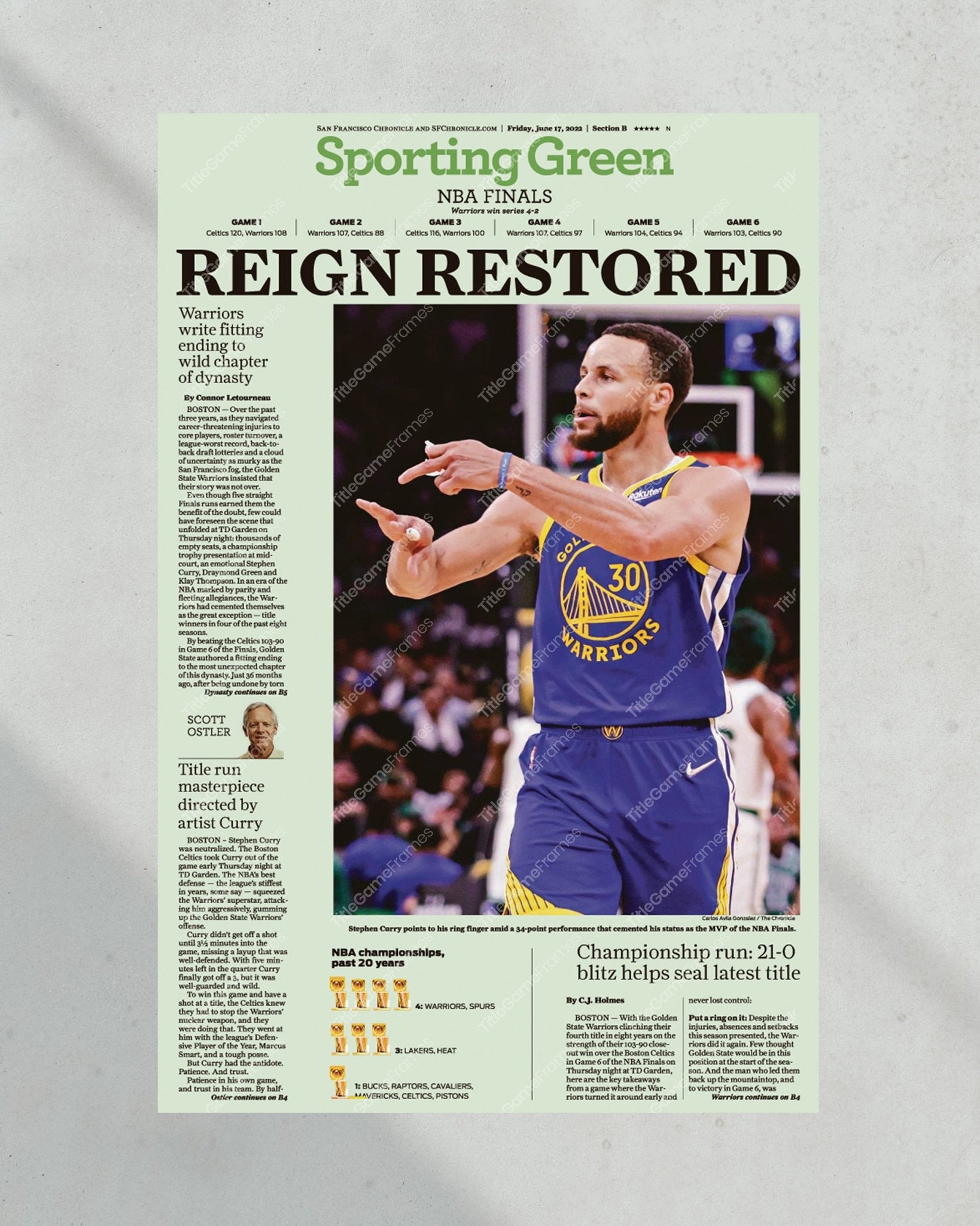 2022 Golden State Warriors “Reign Restored” NBA Champion Framed Front Page Newspaper Print - Title Game Frames