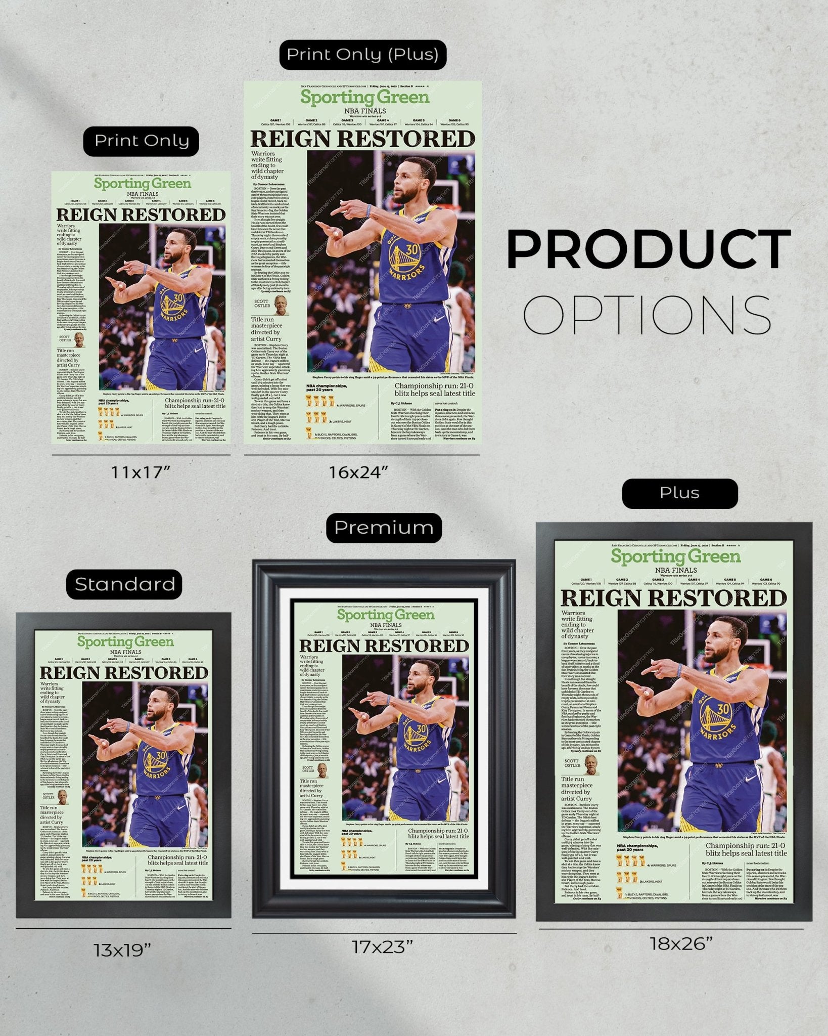 2022 Golden State Warriors “Reign Restored” NBA Champion Framed Front Page Newspaper Print - Title Game Frames