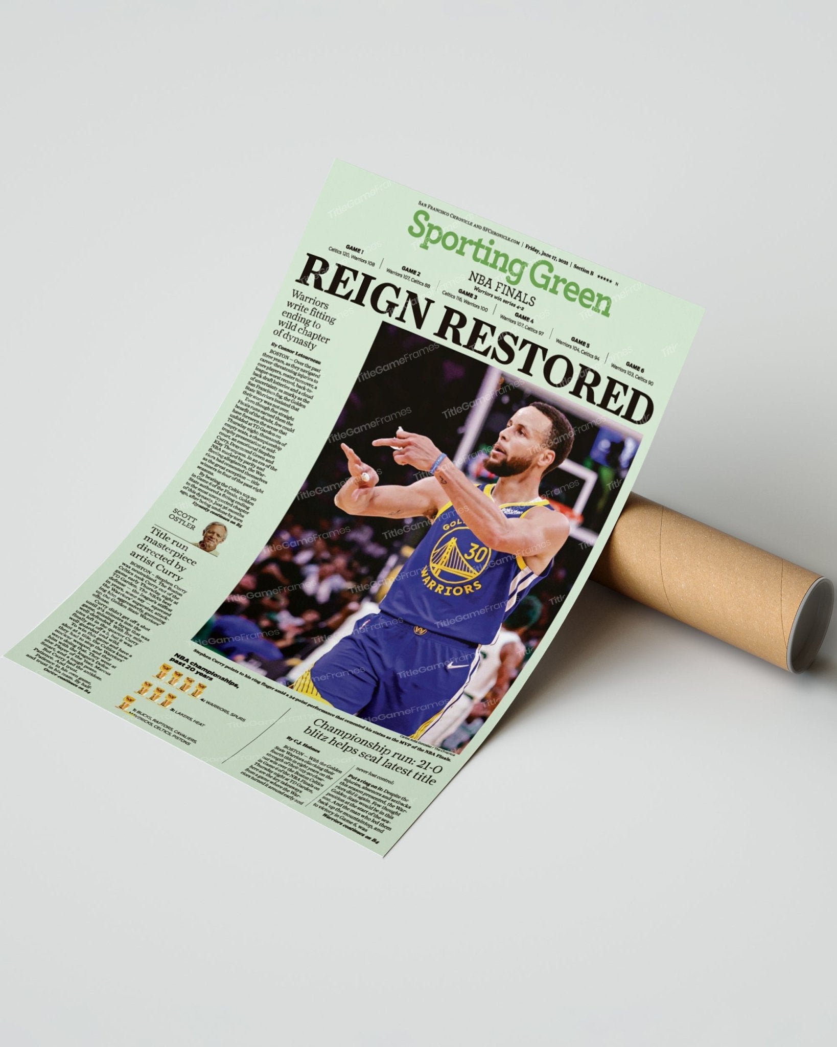 2022 Golden State Warriors “Reign Restored” NBA Champion Framed Front Page Newspaper Print - Title Game Frames