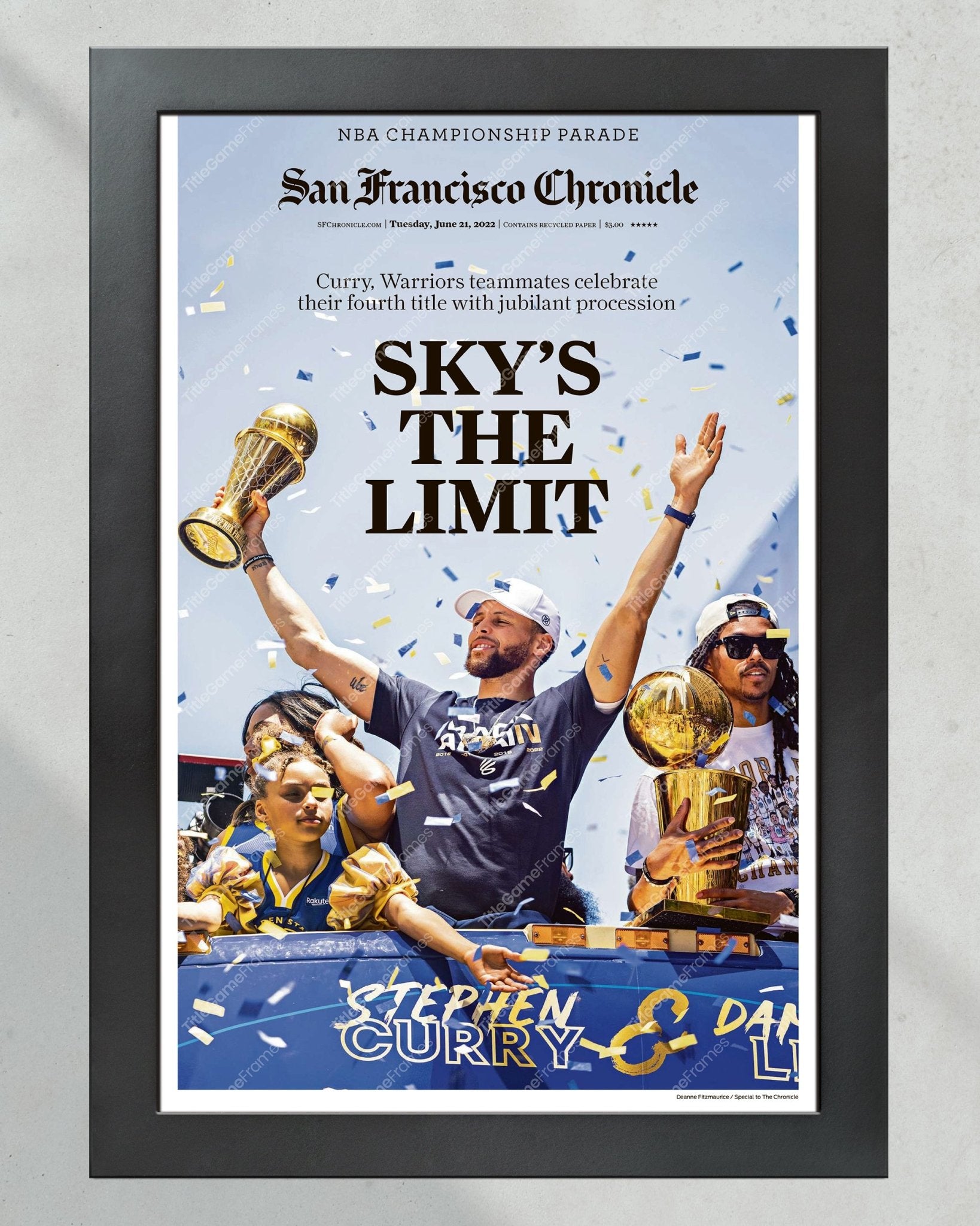 2022 Golden State Warriors “Sky’s The Limit” Parade NBA Champions Framed Front Page Newspaper Print - Title Game Frames