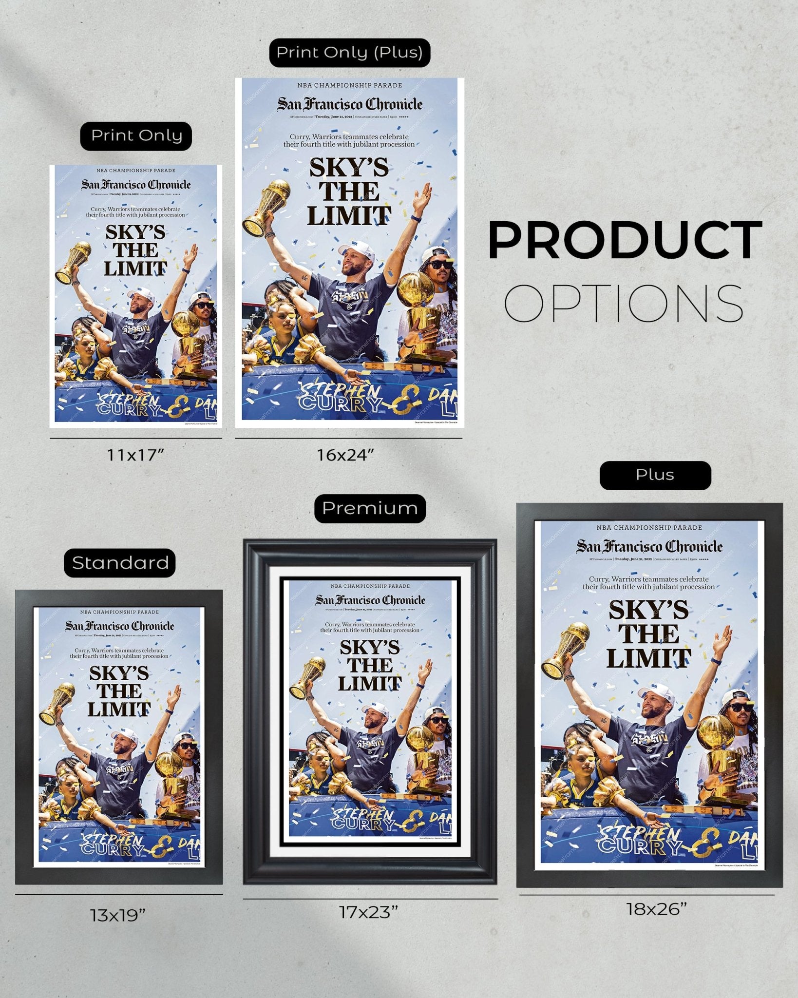 2022 Golden State Warriors “Sky’s The Limit” Parade NBA Champions Framed Front Page Newspaper Print - Title Game Frames