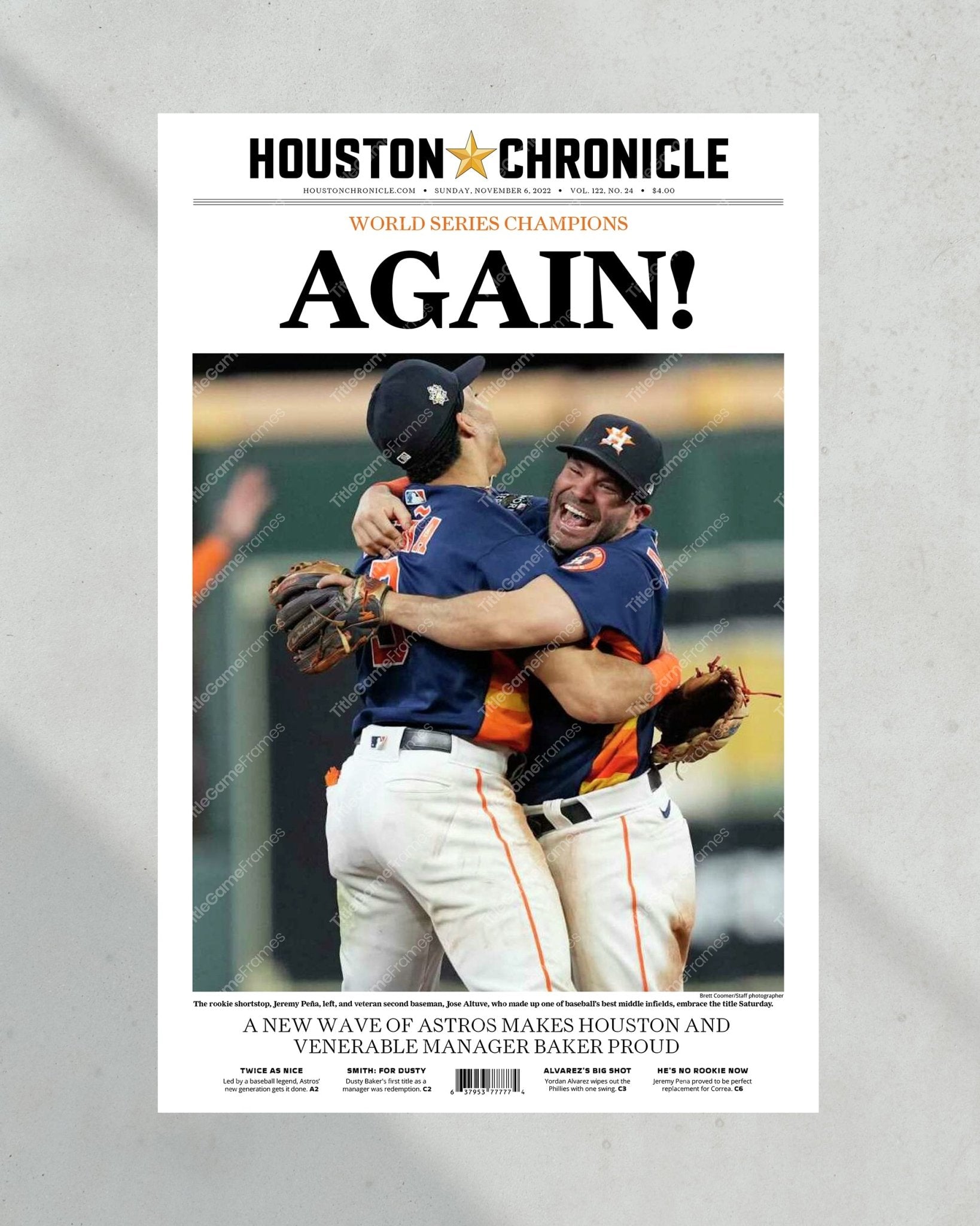 2022 Houston Astros “Again!” World Series Framed Front Page Newspaper Print - TitleGameFrames.com