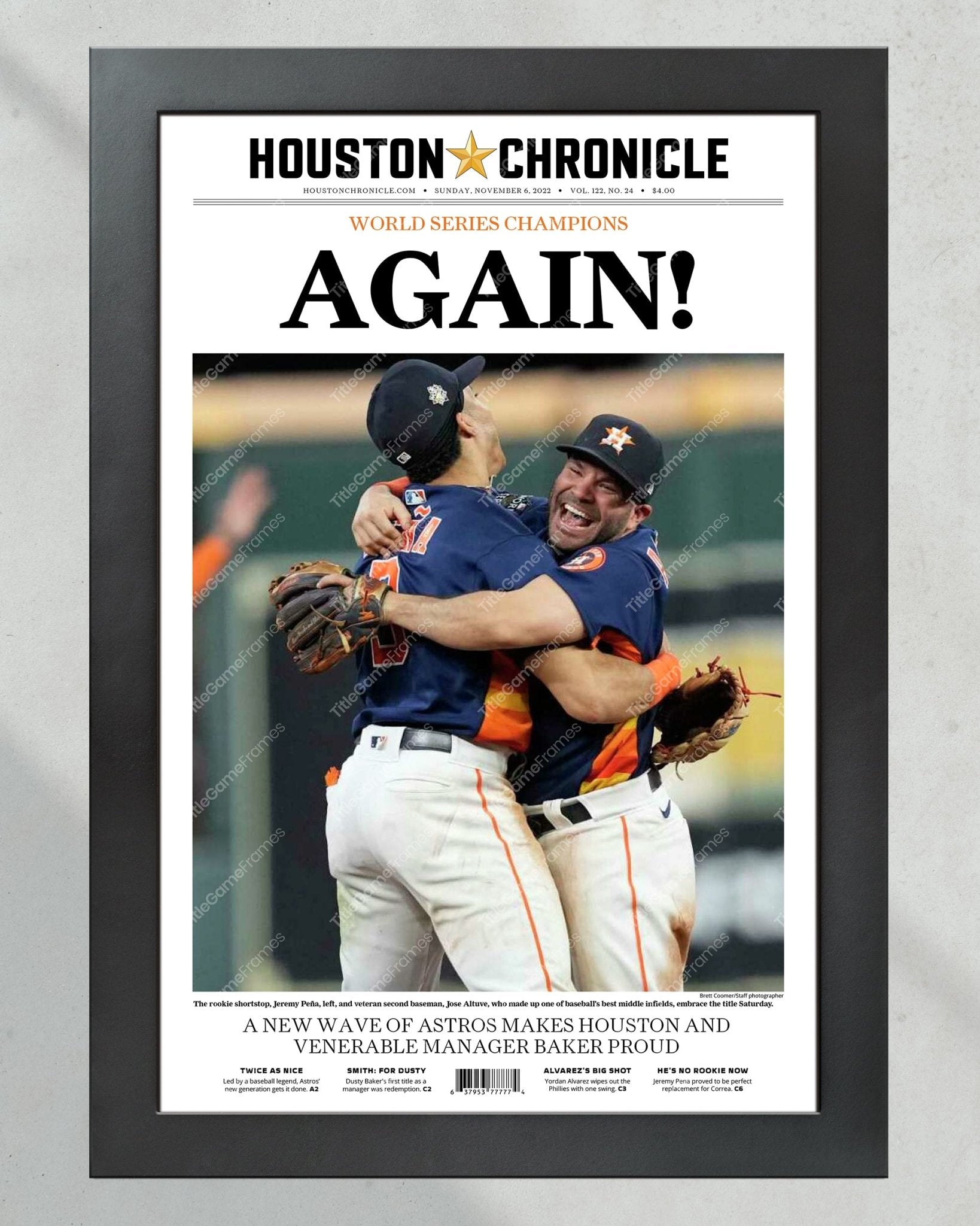 2022 Houston Astros “Again!” World Series Framed Front Page Newspaper Print - TitleGameFrames.com