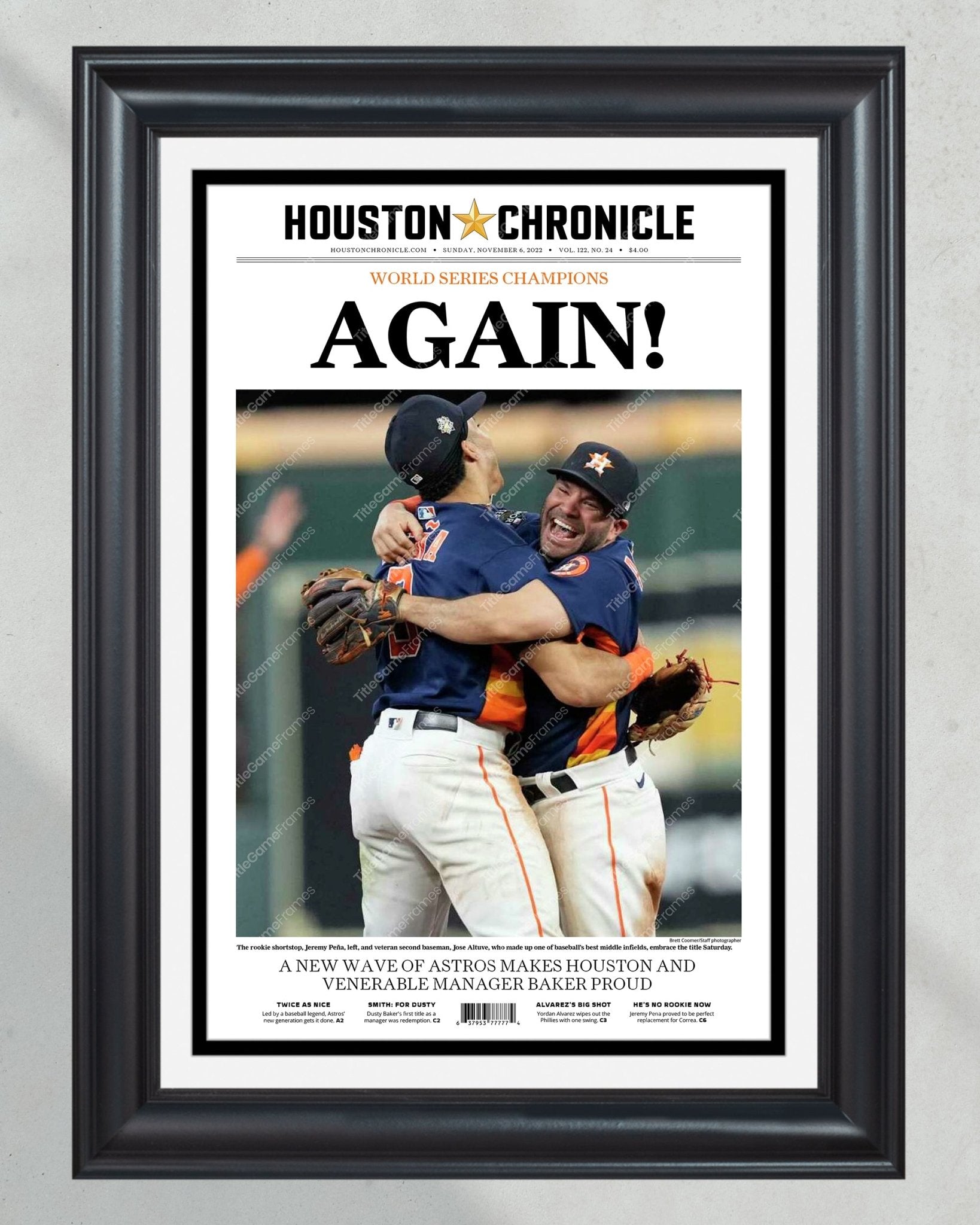 2022 Houston Astros “Again!” World Series Framed Front Page Newspaper Print - TitleGameFrames.com