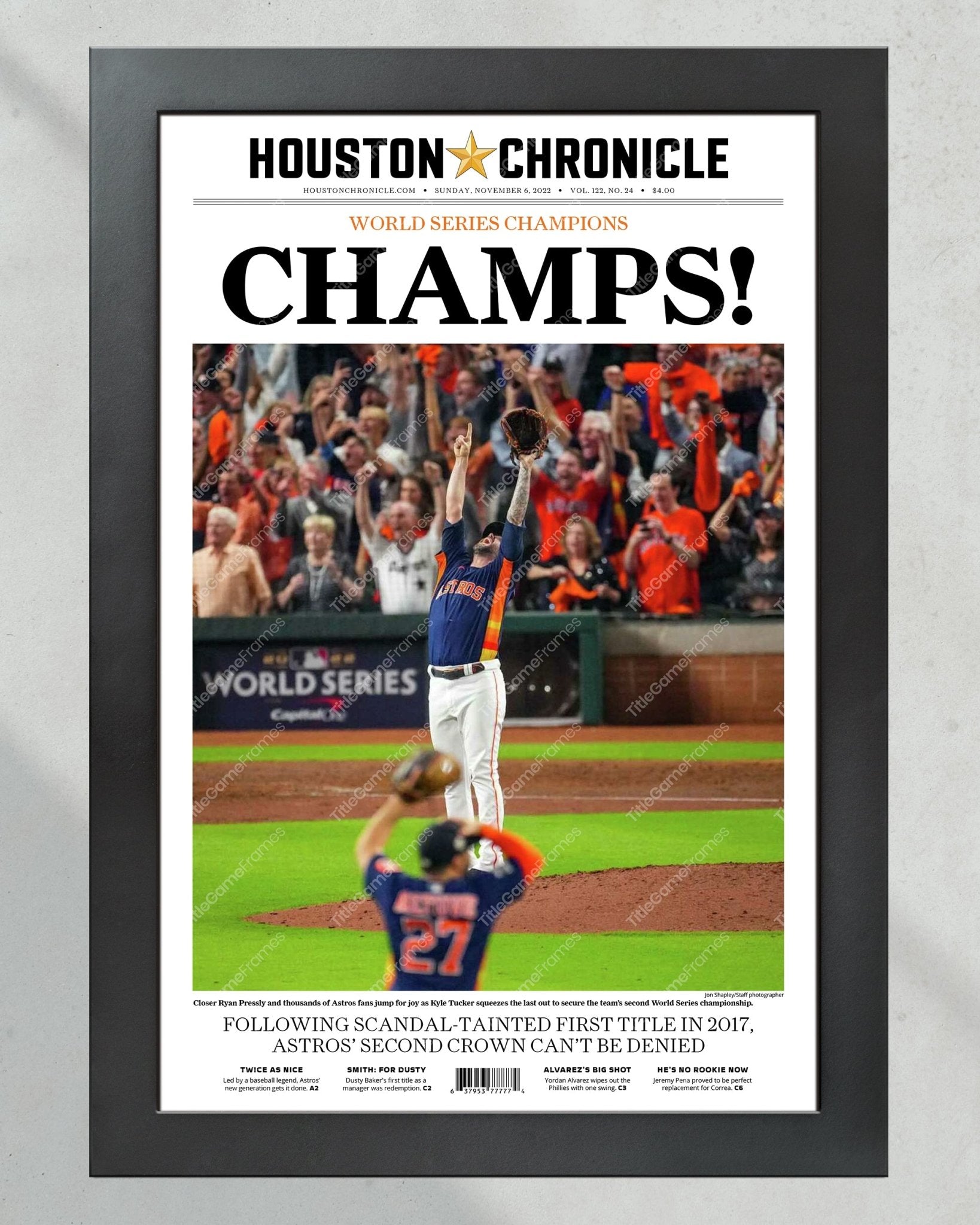 2022 Houston Astros “Champs” World Series Framed Front Page Newspaper Print - TitleGameFrames.com