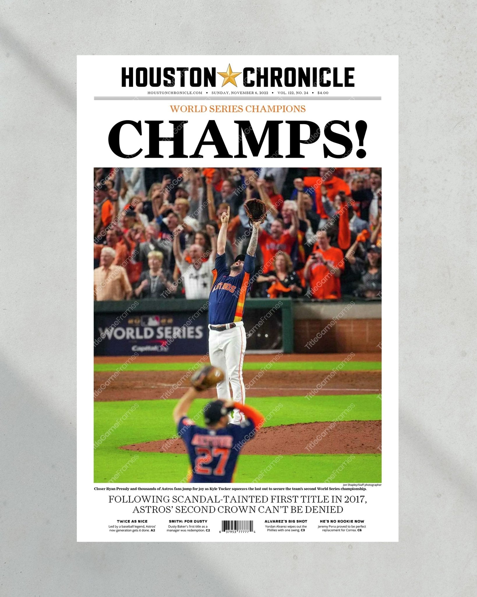 2022 Houston Astros “Champs” World Series Framed Front Page Newspaper Print - TitleGameFrames.com