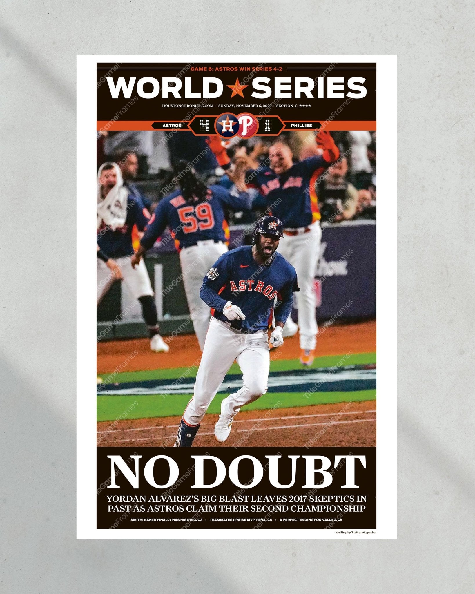 2022 Houston Astros “No Doubt” World Series Framed Front Page Newspaper Print - TitleGameFrames.com