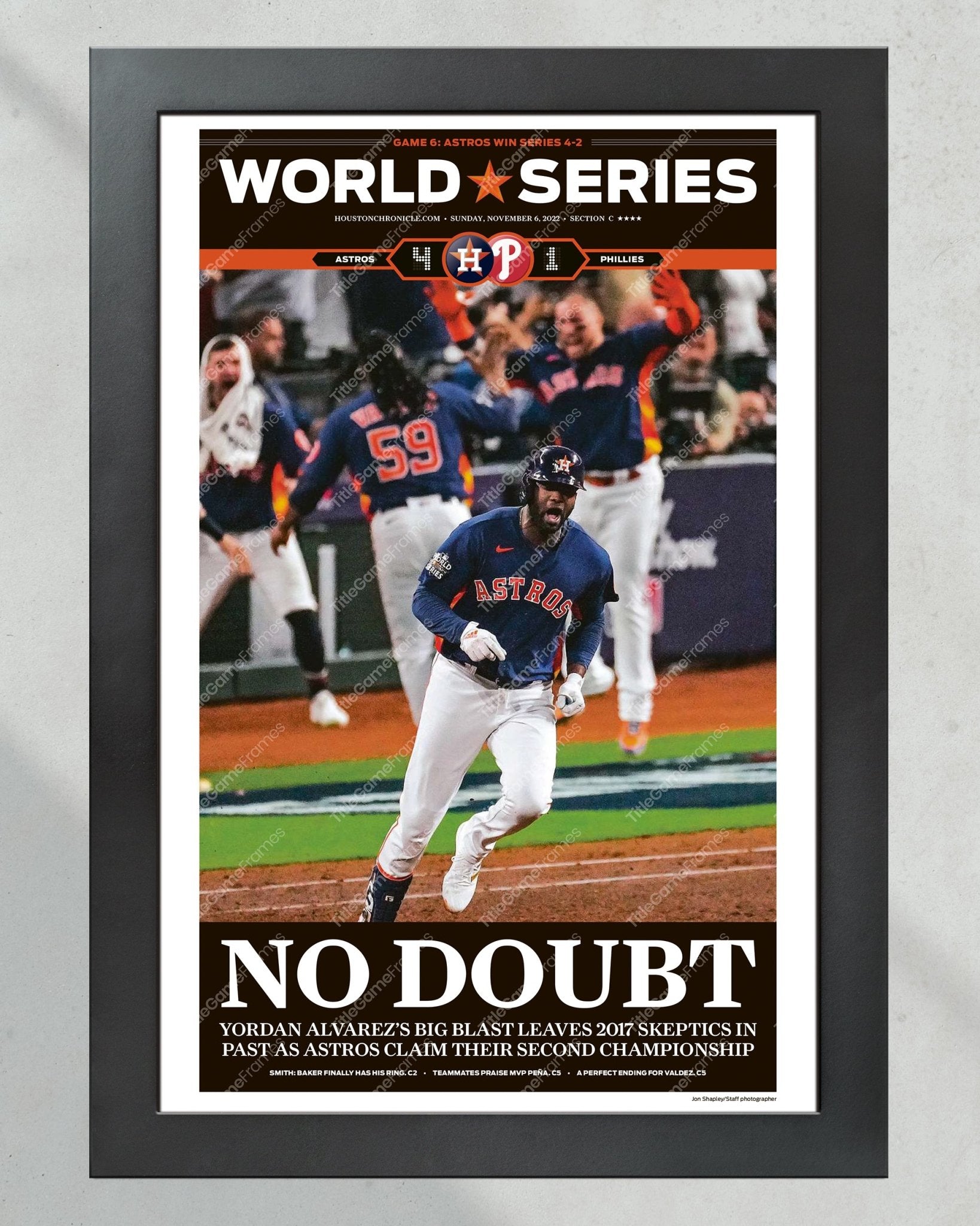 2022 Houston Astros “No Doubt” World Series Framed Front Page Newspaper Print - TitleGameFrames.com