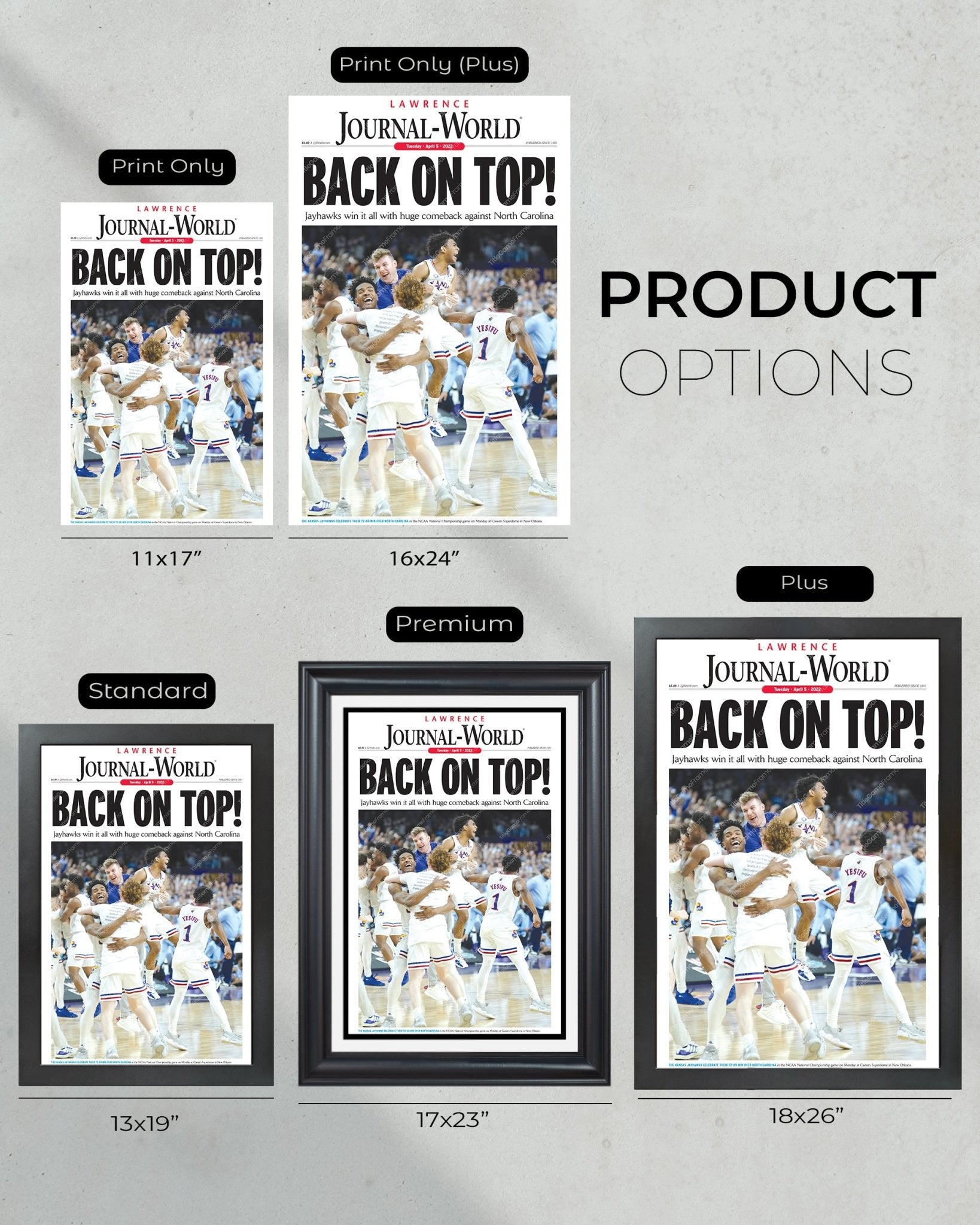 2022 Kansas Jayhawks “Back on Top” NCAA College Basketball National Champions Framed Front Page Newspaper Print - Title Game Frames