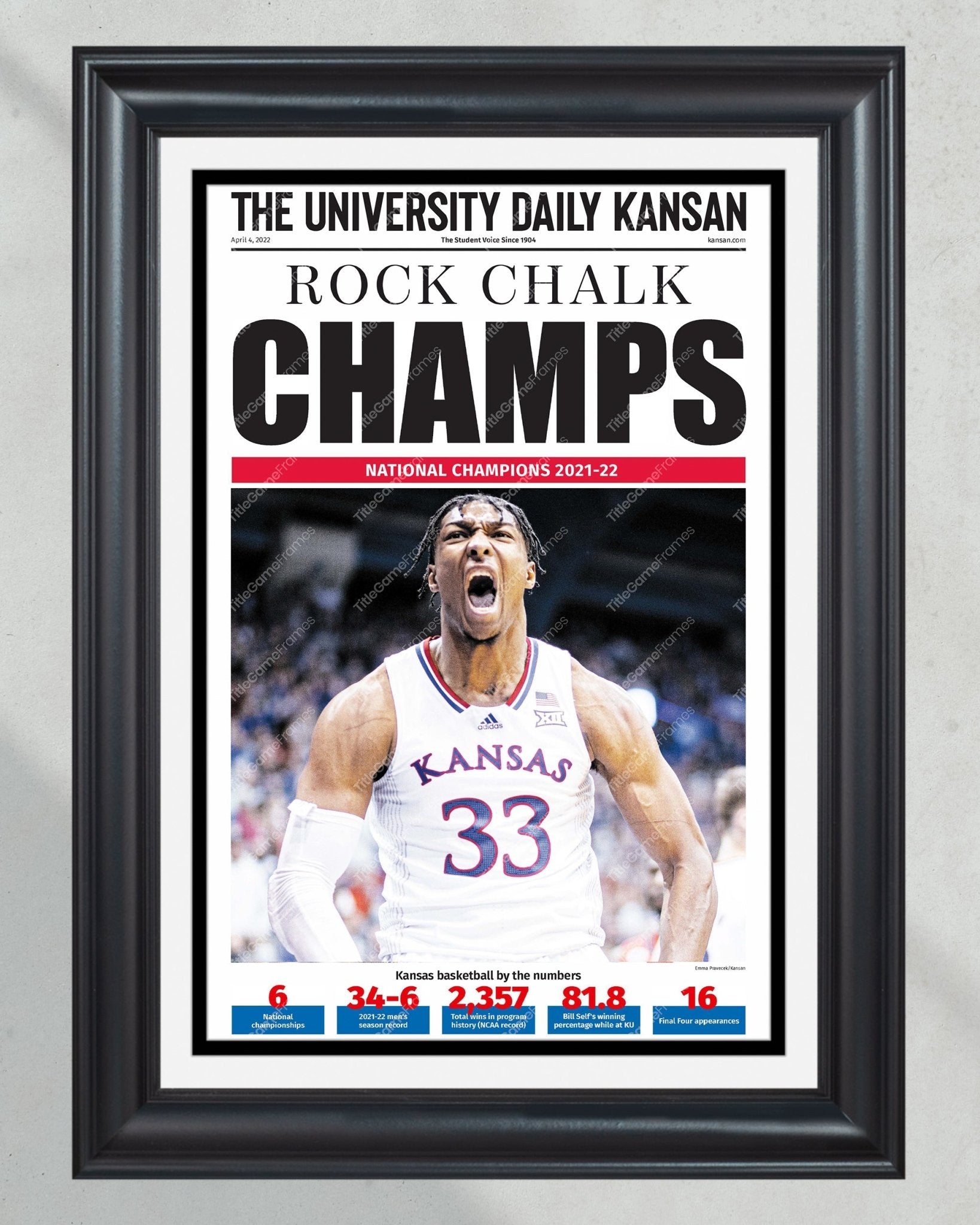 2022 Kansas Jayhawks “Champs” NCAA College Basketball Champions Framed Front Page Newspaper Print - Title Game Frames