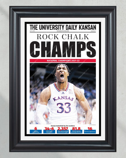 2022 Kansas Jayhawks “Champs” NCAA College Basketball Champions Framed Front Page Newspaper Print - Title Game Frames