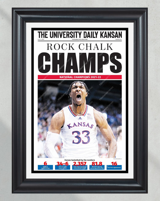 2022 Kansas Jayhawks “Champs” NCAA College Basketball Champions Framed Front Page Newspaper Print - Title Game Frames