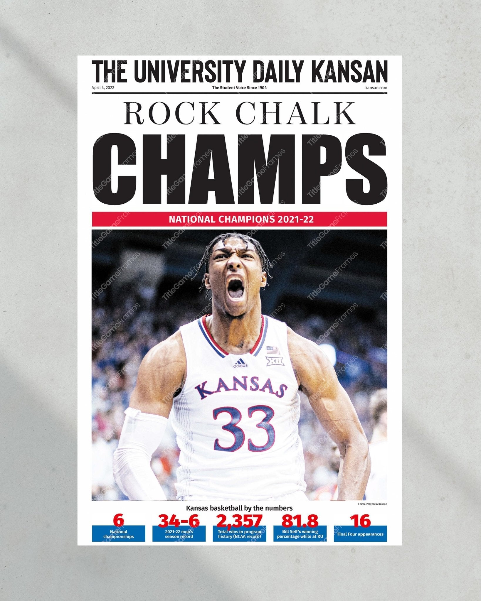 2022 Kansas Jayhawks “Champs” NCAA College Basketball Champions Framed Front Page Newspaper Print - Title Game Frames