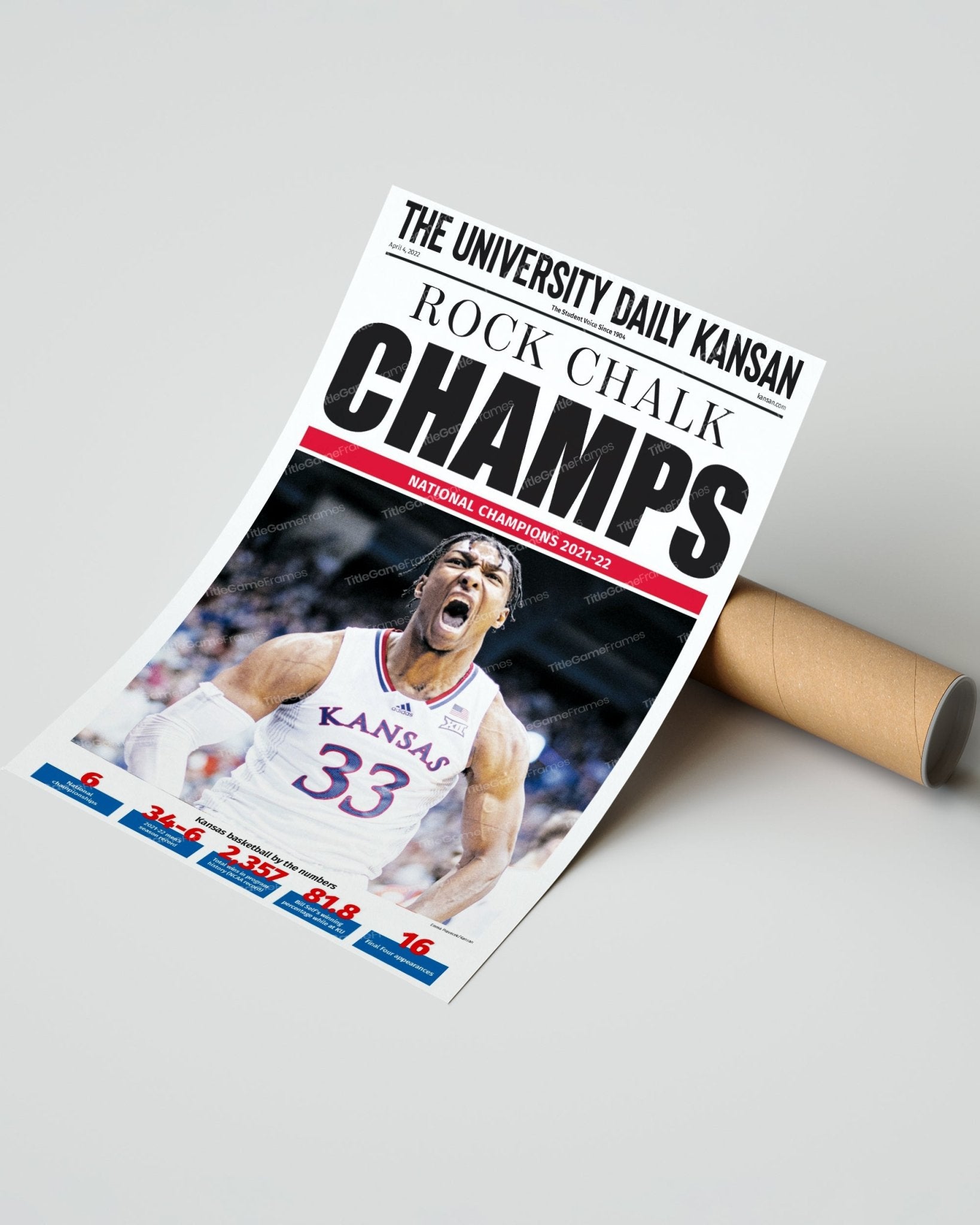 2022 Kansas Jayhawks “Champs” NCAA College Basketball Champions Framed Front Page Newspaper Print - Title Game Frames