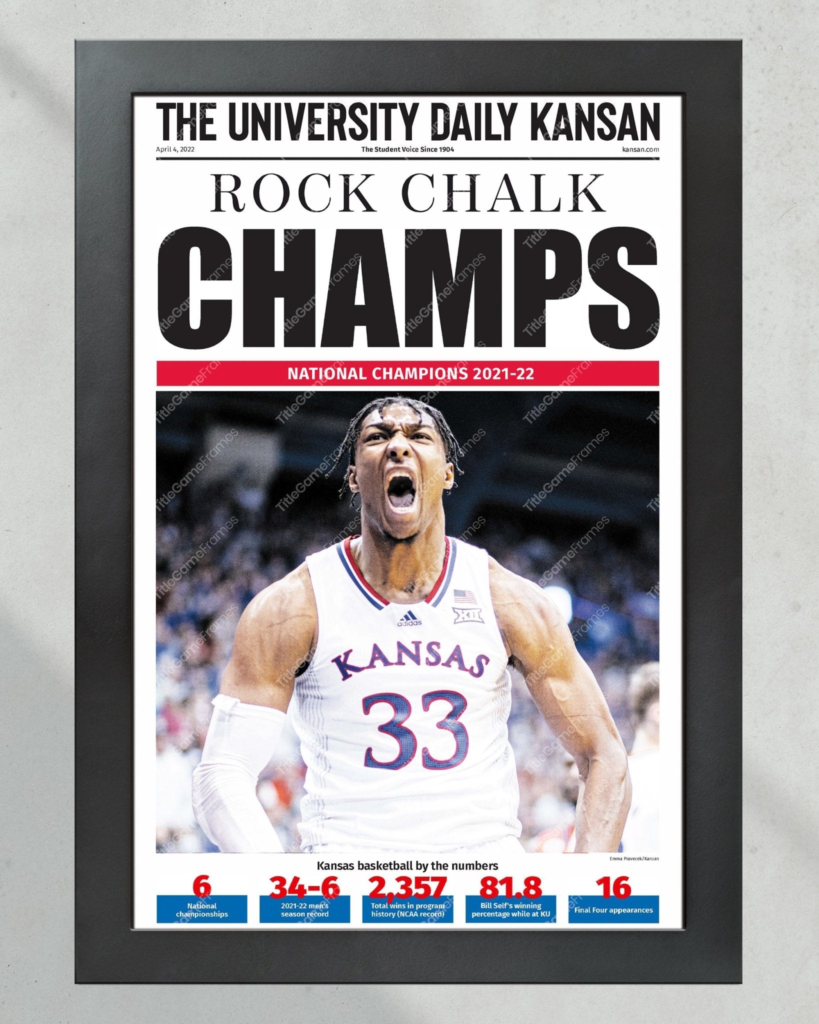 2022 Kansas Jayhawks “Champs” NCAA College Basketball Champions Framed Front Page Newspaper Print - Title Game Frames