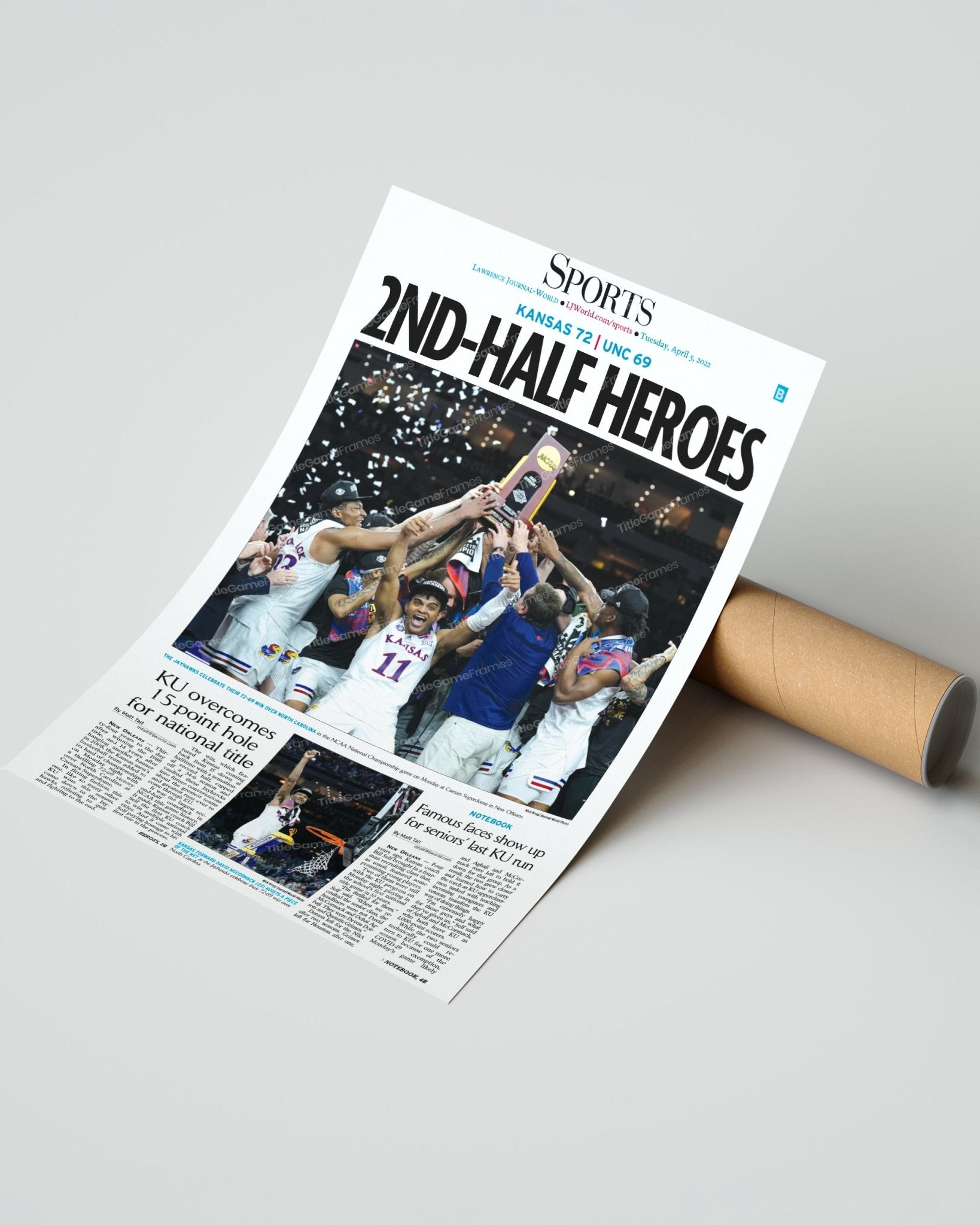 2022 Kansas Jayhawks NCAA Mens Basketball National Champions Framed Front Page Newspaper Print - Title Game Frames