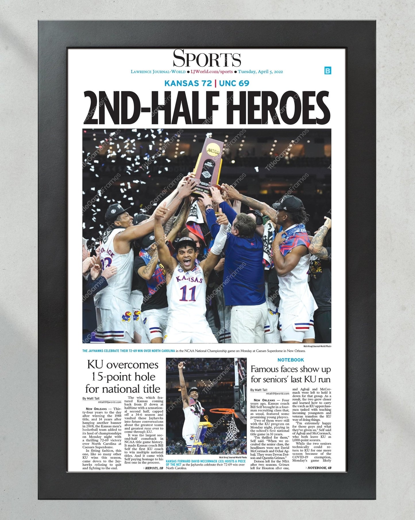 2022 Kansas Jayhawks NCAA Mens Basketball National Champions Framed Front Page Newspaper Print - Title Game Frames