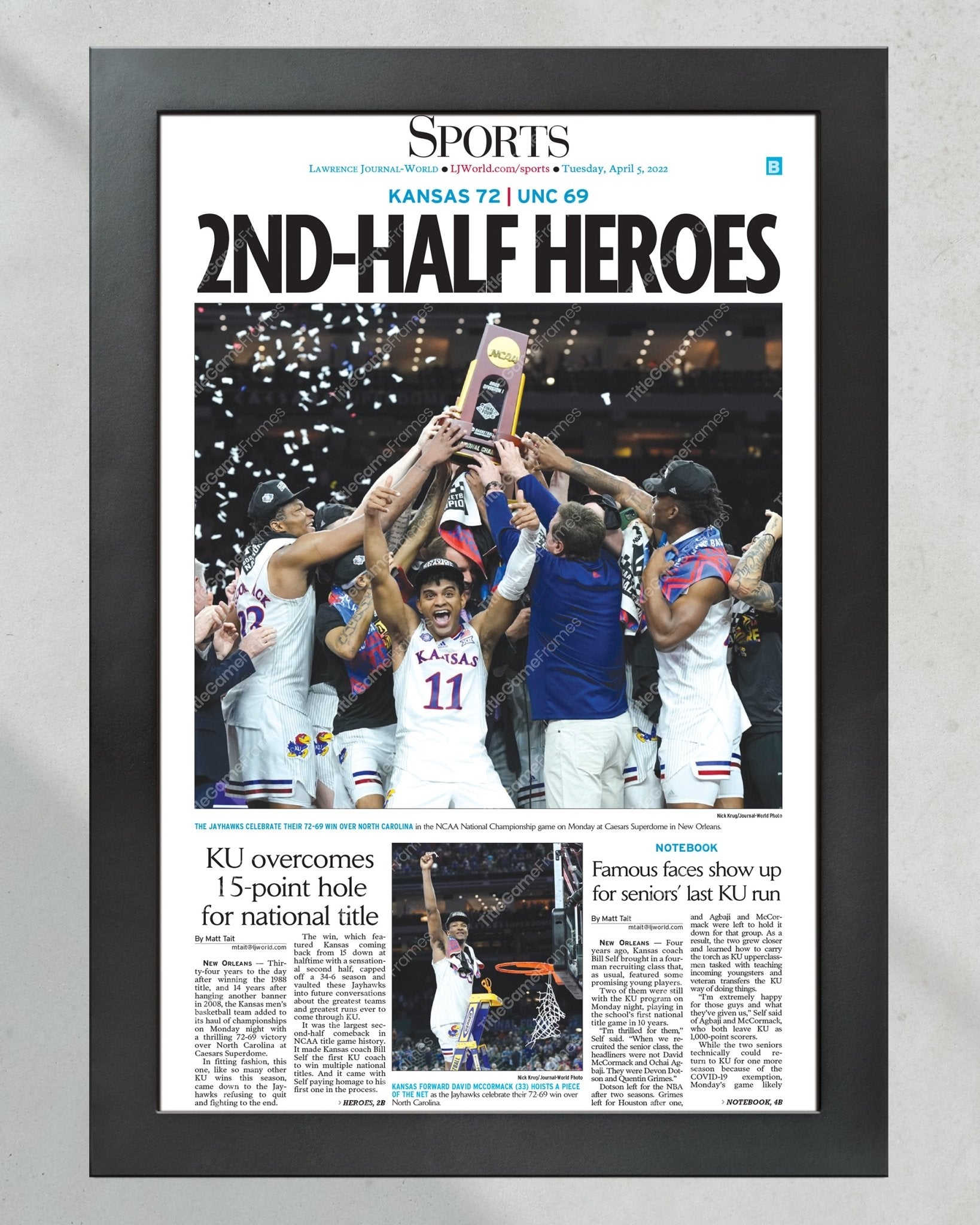 2022 Kansas Jayhawks NCAA Mens Basketball National Champions Framed Front Page Newspaper Print - Title Game Frames