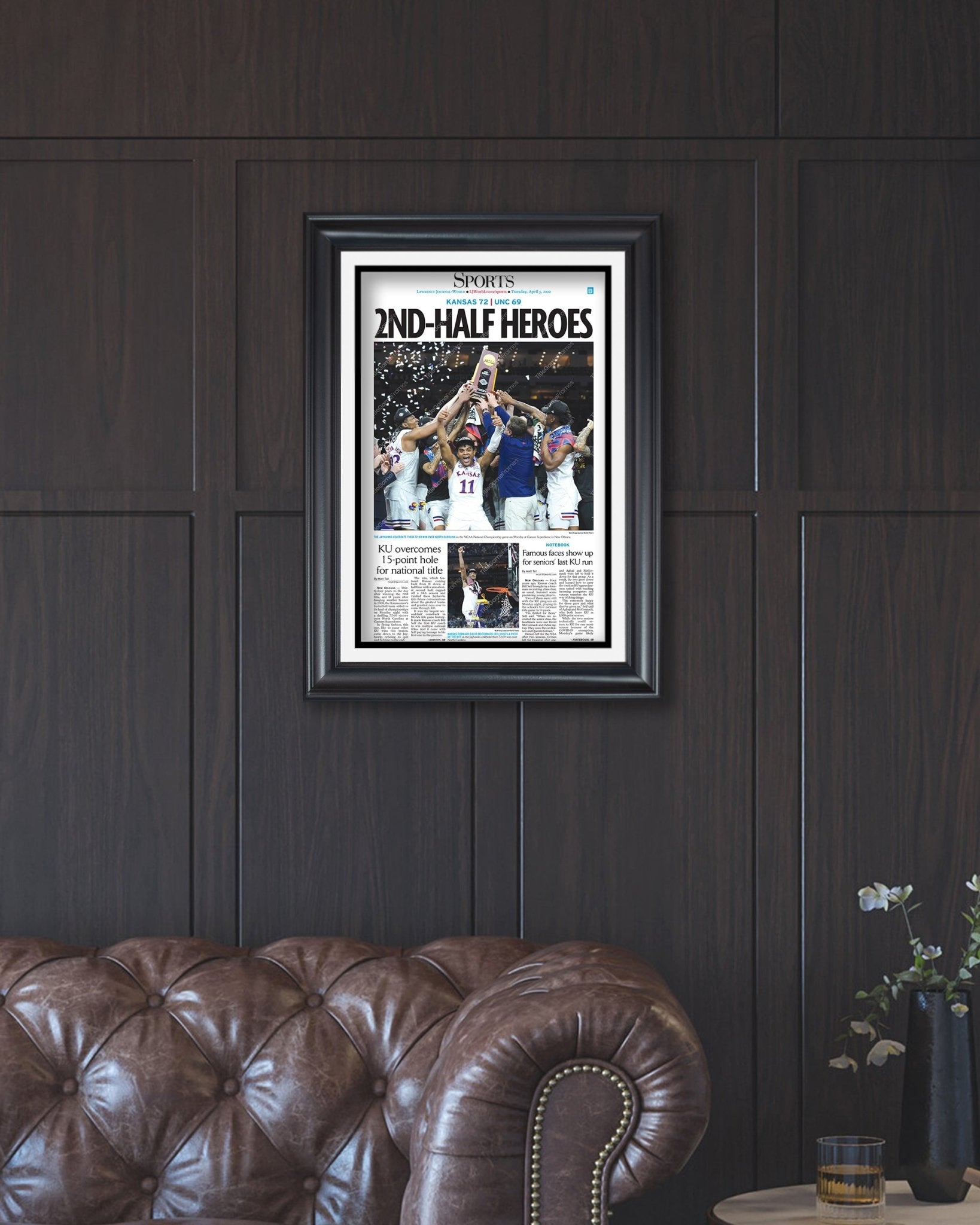 2022 Kansas Jayhawks NCAA Mens Basketball National Champions Framed Front Page Newspaper Print - Title Game Frames