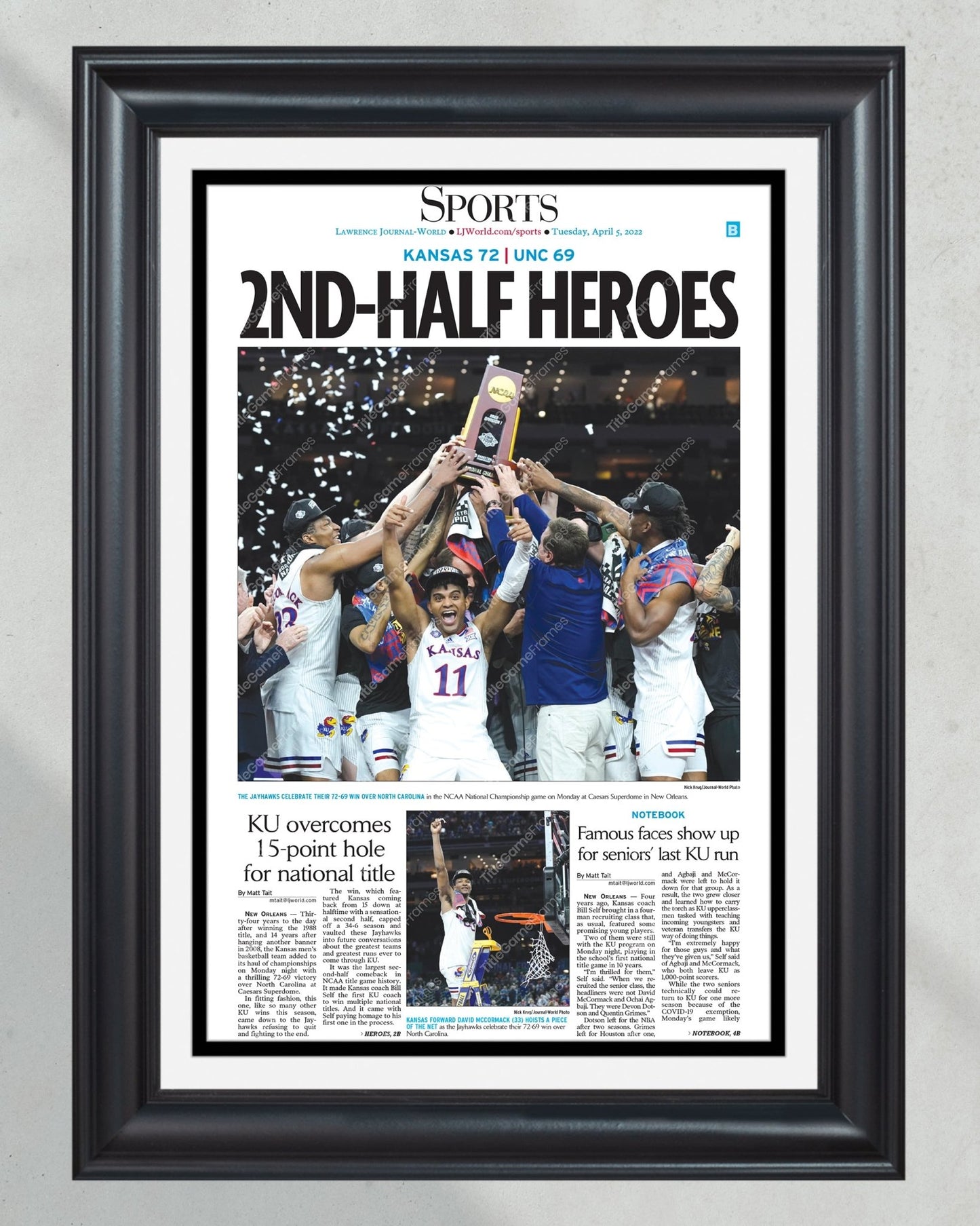2022 Kansas Jayhawks NCAA Mens Basketball National Champions Framed Front Page Newspaper Print - Title Game Frames