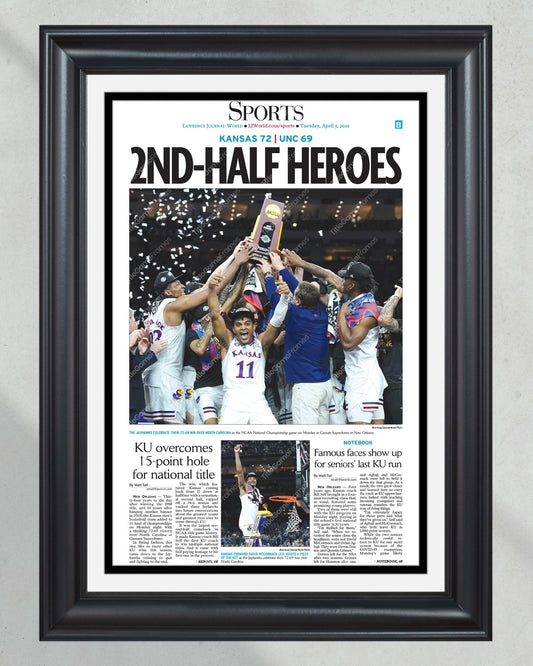 2022 Kansas Jayhawks NCAA Mens Basketball National Champions Framed Front Page Newspaper Print - Title Game Frames